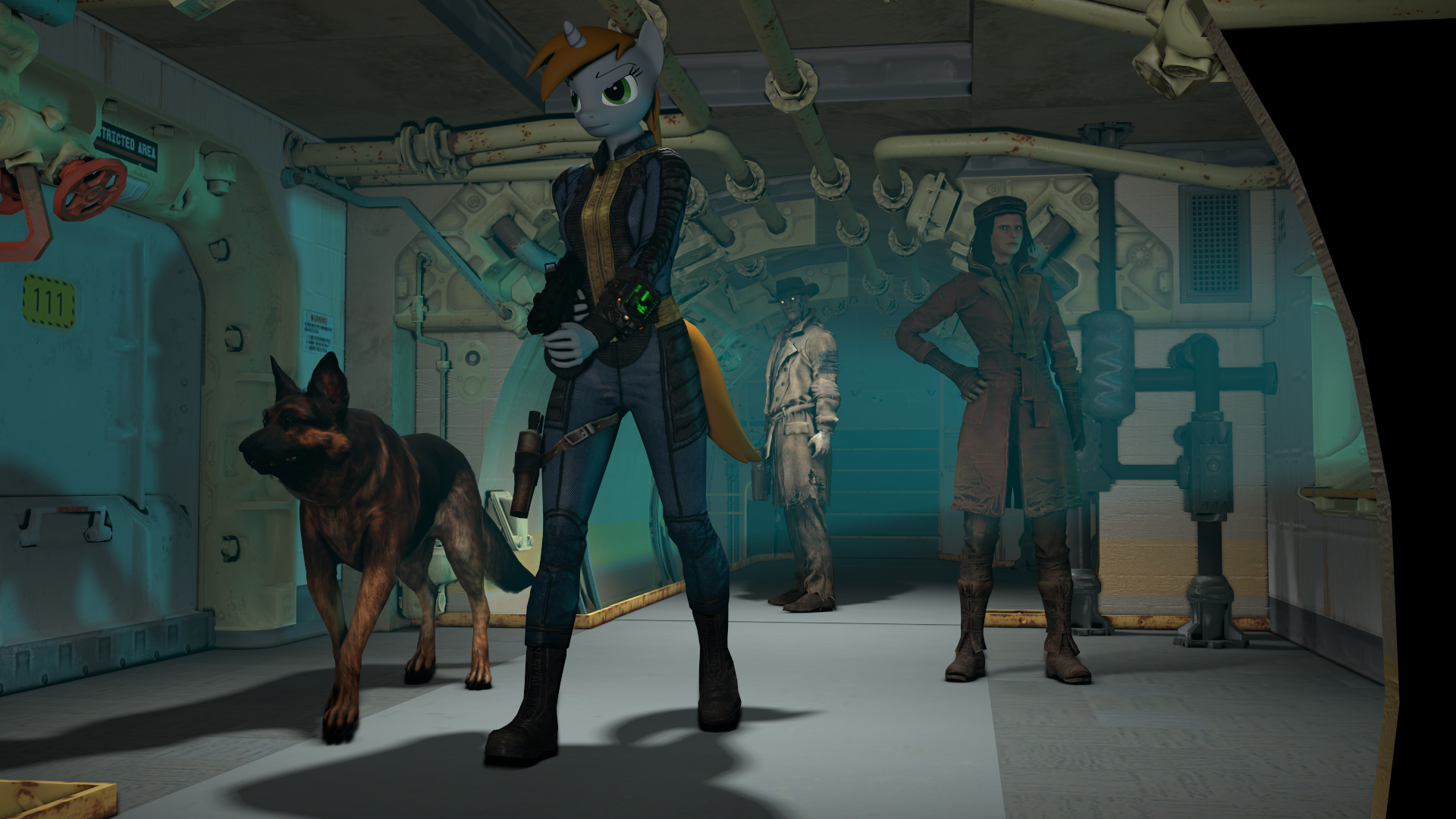 916754 - 3d, anthro, artist:helioseusebio, clothes, derpibooru import,  dogmeat, fallout, fallout 4, fallout equestria, fanfic, fanfic art, female,  gun, handgun, hooves, horn, nick valentine, oc, oc:littlepip, pipbuck,  piper write, pistol, plantigrade ...