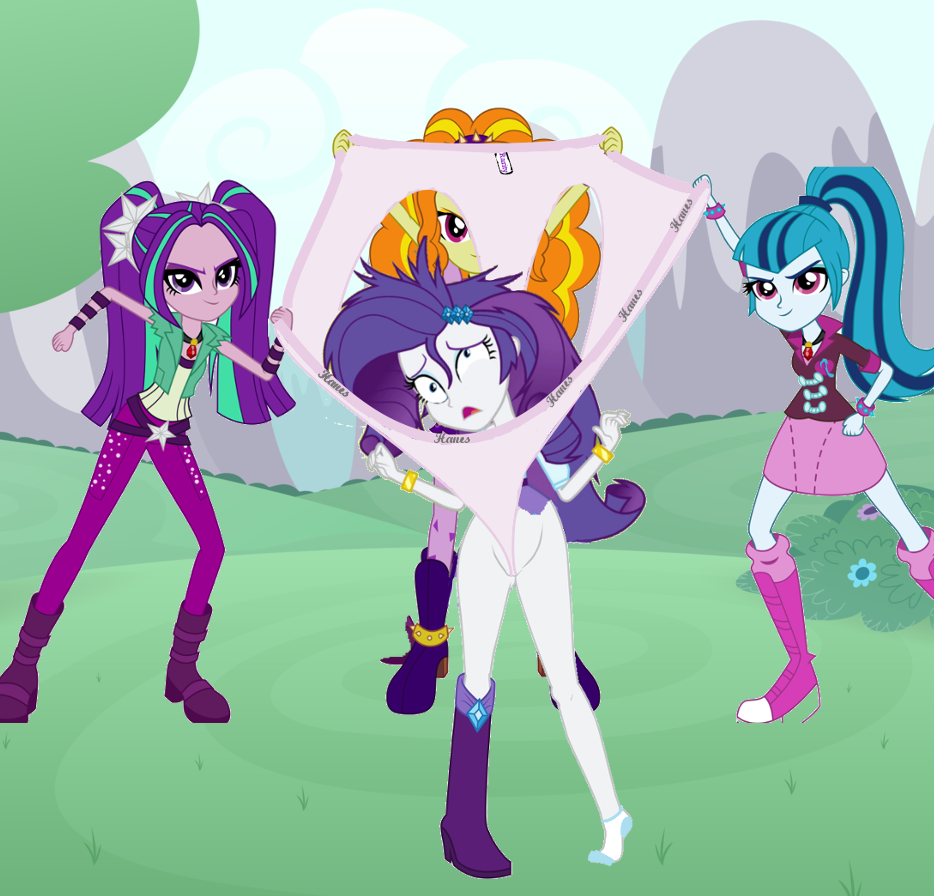 926605 - questionable, artist:lokirofrorikstead, derpibooru import, edit,  adagio dazzle, aria blaze, rarity, sonata dusk, equestria girls, assisted  exposure, atomic wedgie, bad edit, clothes, dizzy, humiliation, messy mane,  panties, pink underwear ...