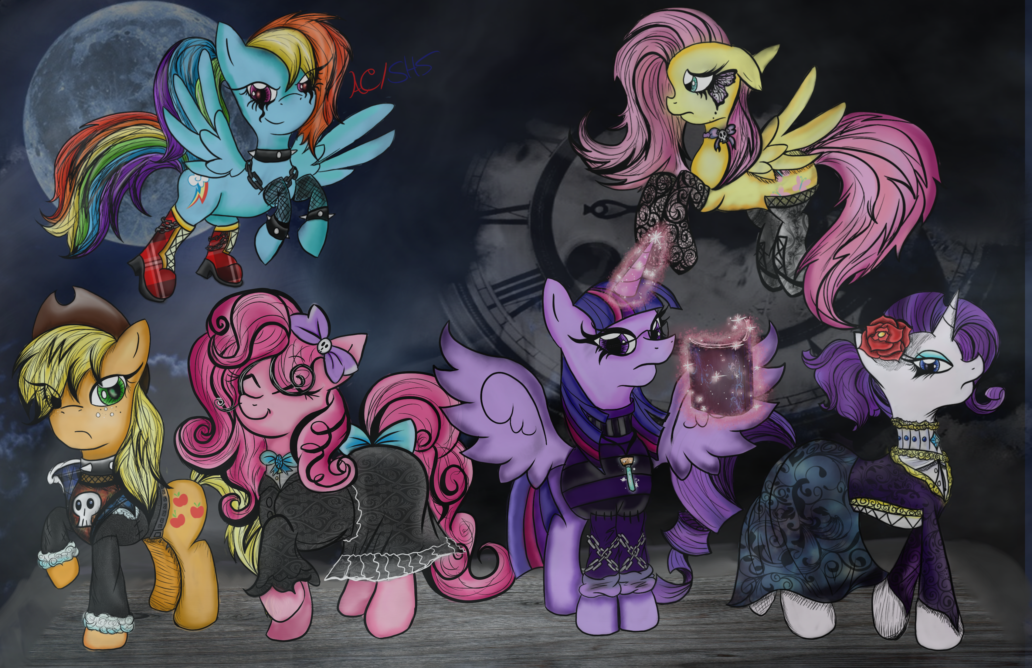 941372 - safe, artist:animechristy, derpibooru import, applejack,  fluttershy, pinkie pie, rainbow dash, rarity, twilight sparkle, twilight  sparkle (alicorn), alicorn, pony, book, boots, bracelet, choker, clothes,  dress, fishnets, flower, goth, gothic ...