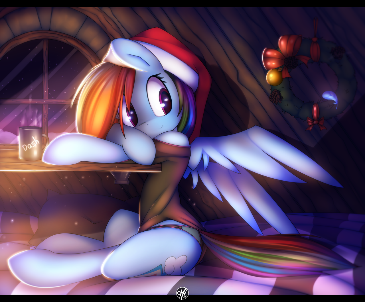 949597 - safe, artist:omi, derpibooru import, rainbow dash, pegasus, pony,  adorasexy, clothes, cute, female, hat, leotard, mare, mug, panties, santa  hat, sexy, solo, stupid sexy rainbow dash, underwear, wreath - Twibooru