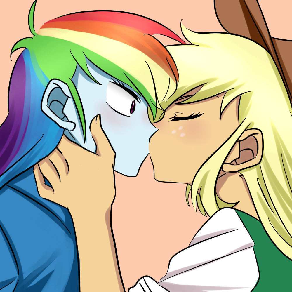 1021588 - safe, artist:raika0306, derpibooru import, applejack, rainbow dash,  equestria girls, appledash, blushing, eyes closed, female, freckles,  kissing, lesbian, pixiv, shipping - Twibooru