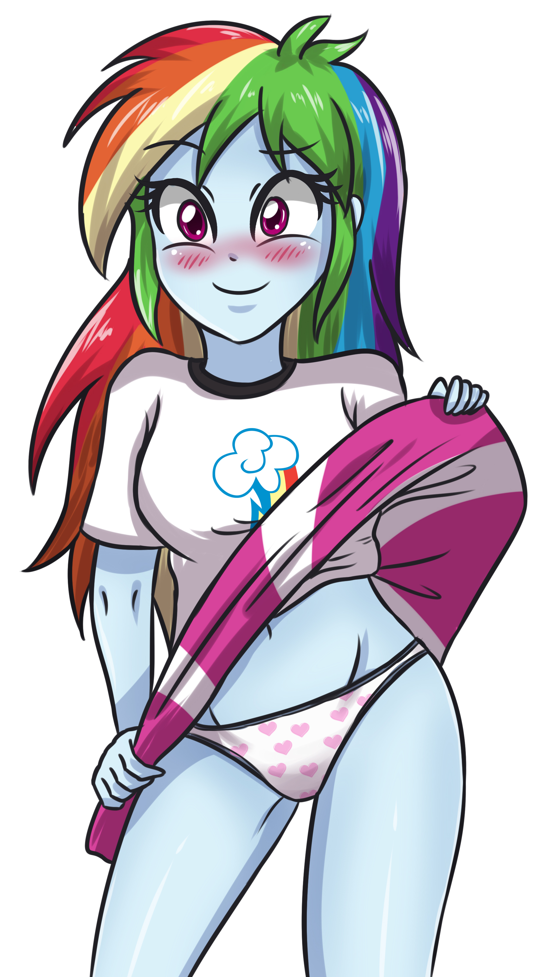 1035195 - suggestive, artist:sumin6301, derpibooru import, rainbow dash,  equestria girls, blushing, clothes, female, heart, heart print underwear,  panties, simple background, skirt, skirt lift, smiling, solo, solo female,  underwear, white underwear ...