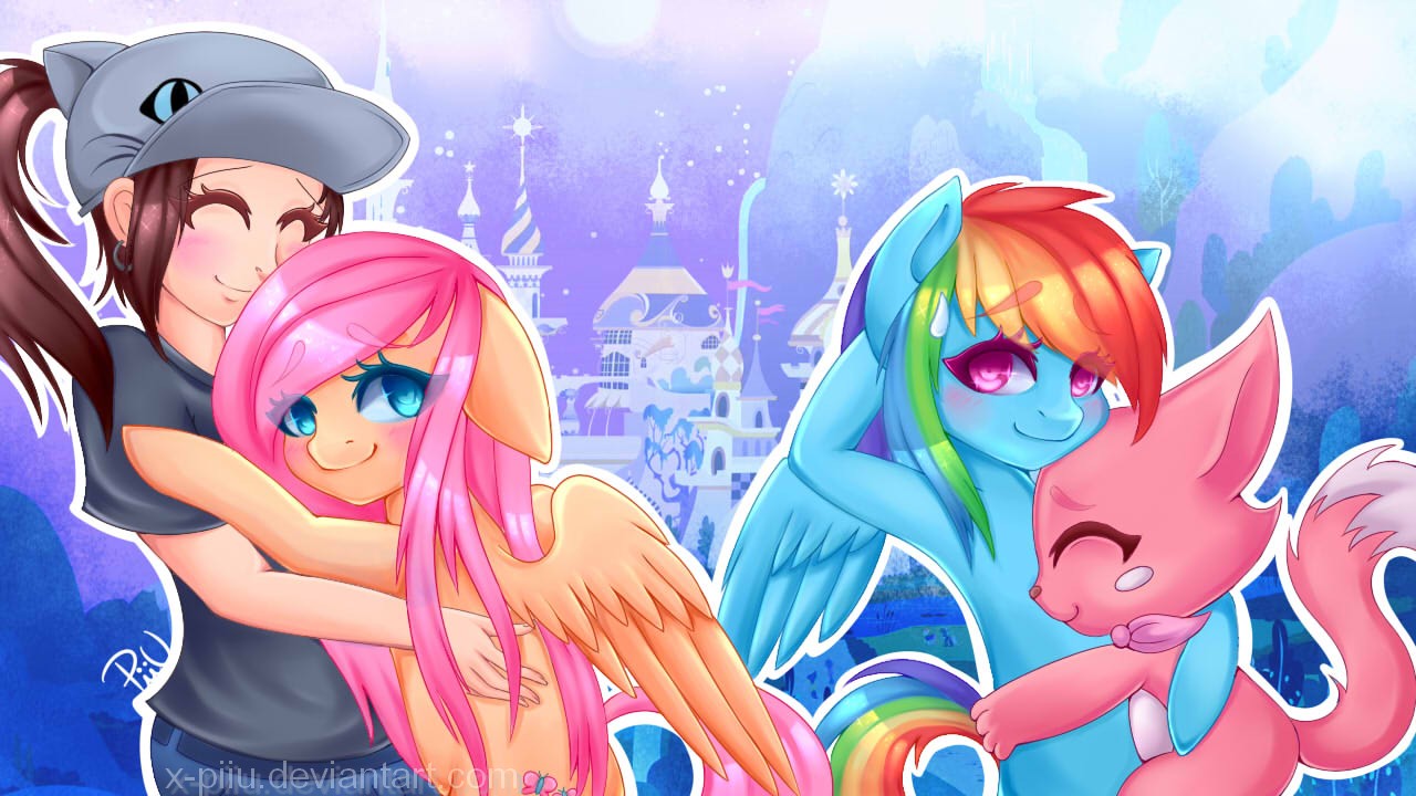 1094413 - safe, artist:x-piiu, derpibooru import, fluttershy, rainbow dash,  human, pony, semi-anthro, canterlot, cute, dashabetes, eyes closed, furry,  group, hat, hug, shyabetes, smiling - Twibooru