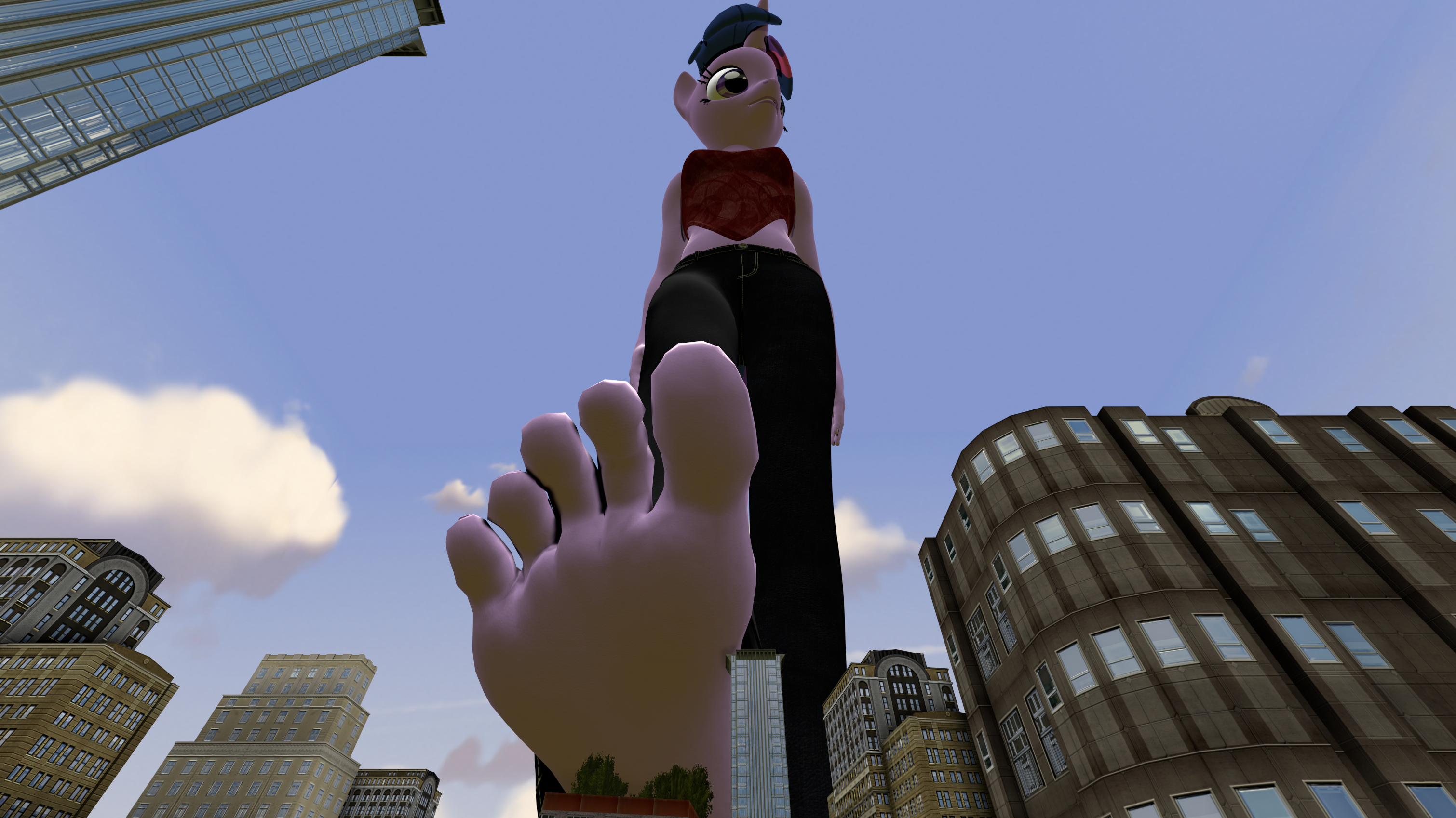 1104500 - 3d, anthro, artist:shrunkenlover, barefoot, building, city,  clothes, crush fetish, derpibooru import, feet, female, giantess, macro,  midriff, pants, perspective, plantigrade anthro, pov, semi-grimdark, solo,  this will end in pain, twilight ...