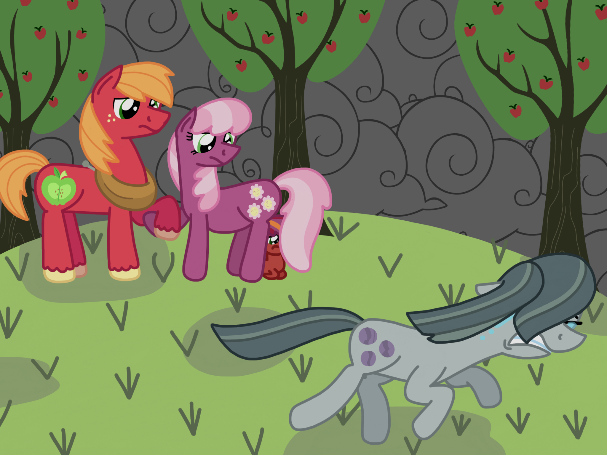 1110788 - safe, artist:kindheart525, derpibooru import, big mcintosh,  cheerilee, marble pie, oc, oc:discovery, earth pony, pony, kindverse, apple  tree, cheerimac, crying, female, holding hooves, implied marblemac, implied  shipping, male, offspring ..., image size:2048x1536