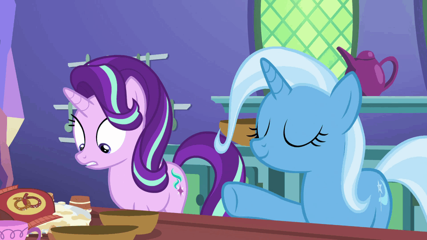 1112454 - safe, derpibooru import, screencap, starlight glimmer, trixie,  pony, all bottled up, angry, animated, gif - Twibooru