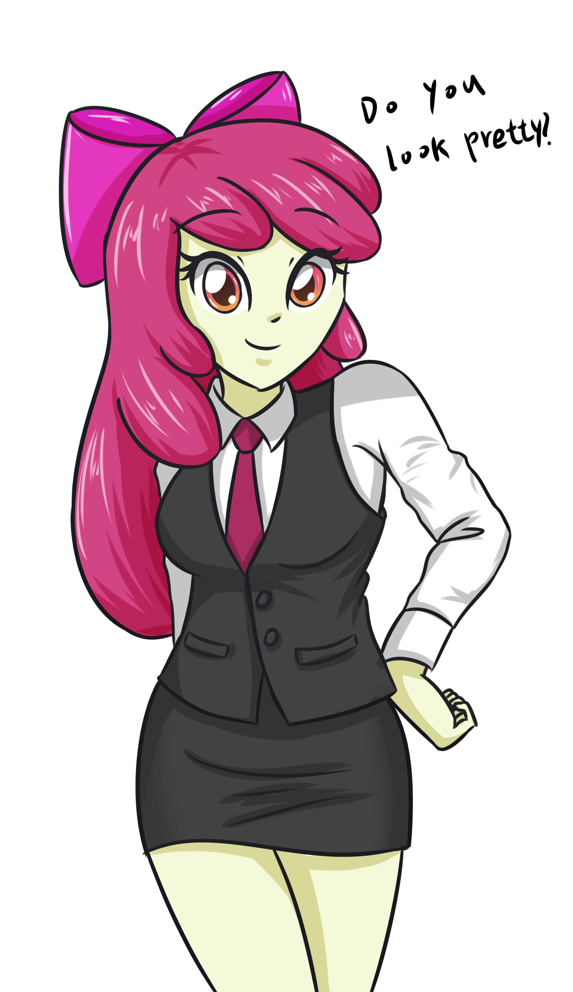 1115068 - safe, artist:sumin6301, derpibooru import, apple bloom, equestria  girls, adorabloom, bow, breasts, business suit, busty apple bloom, clothes,  cute, dialogue, female, hair bow, looking at you, miniskirt, moe, necktie,  red hair