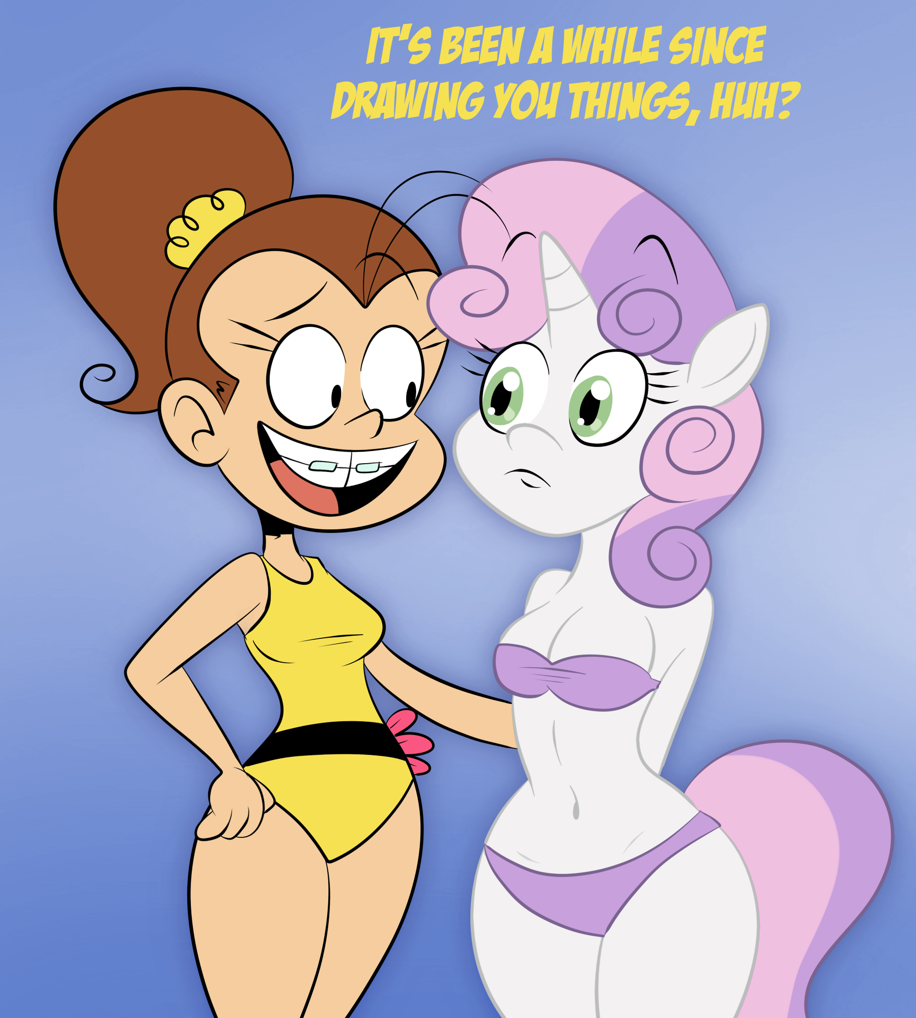 964864 - anthro, artist:scobionicle99, belly button, bikini, breasts, busty  sweetie belle, cleavage, clothes, crossover, derpibooru import, dialogue,  duo, duo female, female, luan loud, older, one-piece swimsuit, suggestive,  sweetie belle, swimsuit ...