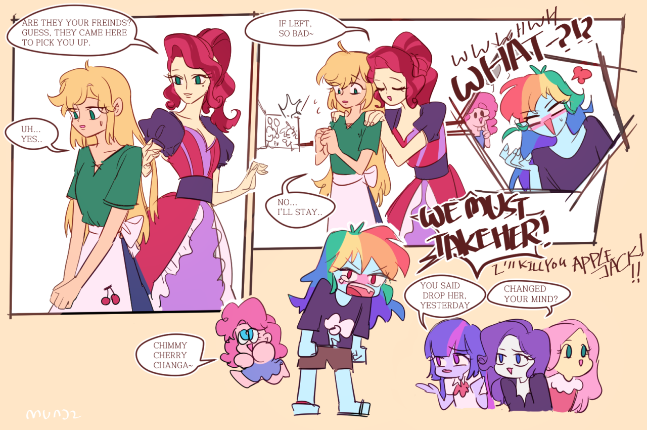 965099 - safe, artist:dusty-munji, derpibooru import, applejack, cherry  jubilee, fluttershy, pinkie pie, rainbow dash, rarity, twilight sparkle,  human, appledash, comic, engrish, female, humanized, jealous, lesbian, mane  six, pony coloring, shipping ...