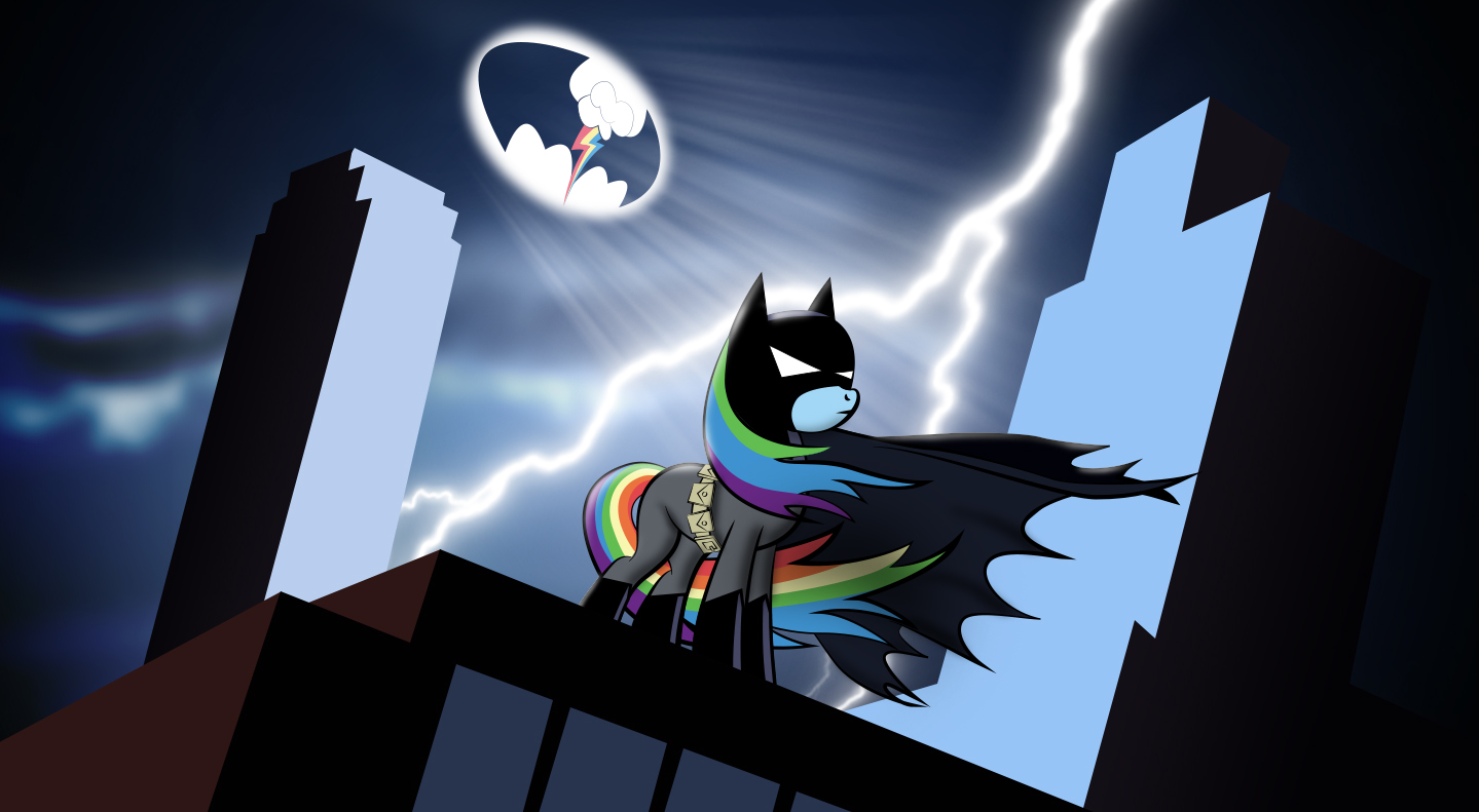 1139465 - safe, artist:dan232323, derpibooru import, rainbow dash, pegasus,  pony, batman, batman the animated series, batmare, cape, clothes, cowl,  female, mare, solo, utility belt - Twibooru