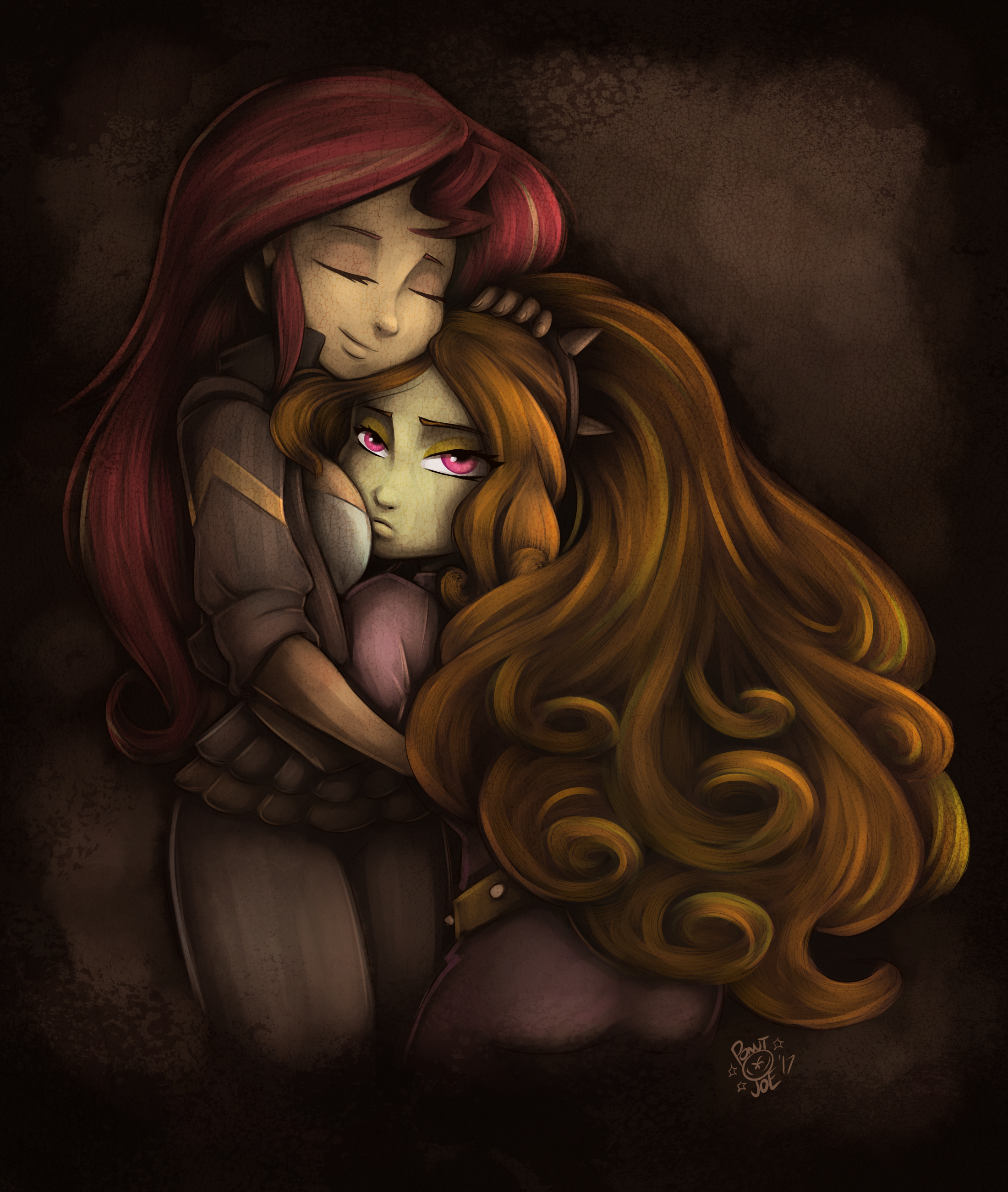 1166802 - safe, artist:ponut_joe, derpibooru import, adagio dazzle, sunset  shimmer, equestria girls, adoragio, antagonist, boob smothering, breast  pillow, cuddling, cute, eyes closed, female, high res, hug, lesbian,  looking at you, petting, shimmerbetes,