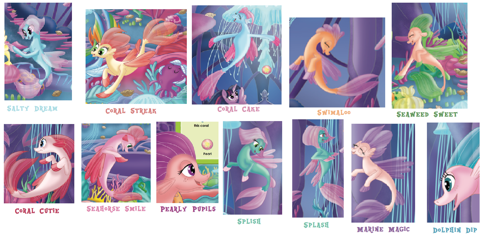 1207158 - coral cake, coral cutie, coral streak, derpibooru import, dolphin  dip, haven bay, marine magic, my little pony: the movie, pearly pupils,  safe, salina blue, salty dream, seahorse smile, seaponified, seapony (