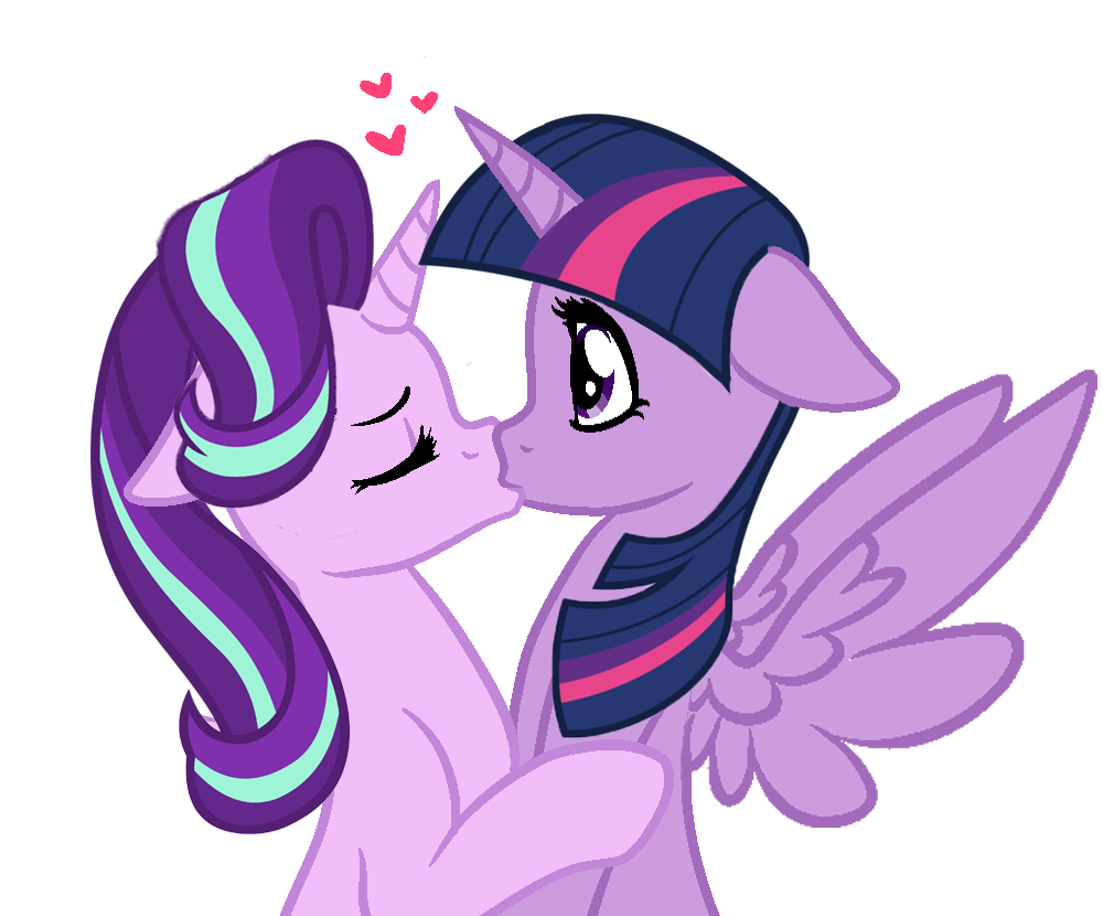 1207464 - safe, artist:startwi, derpibooru import, starlight glimmer, twilight  sparkle, twilight sparkle (alicorn), alicorn, pony, eyes closed, female,  heart, kissing, lesbian, shipping, simple background, transparent  background, twistarlight - Twibooru