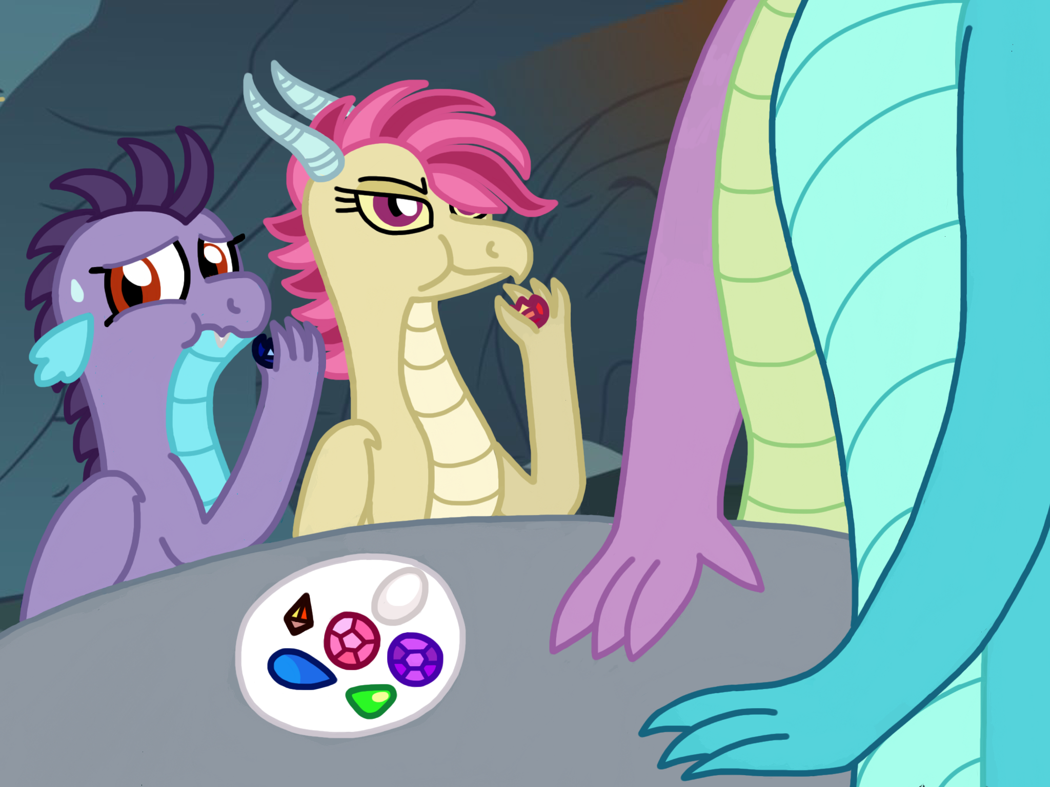 1211385 - safe, alternate version, artist:kindheart525, derpibooru import,  princess ember, spike, oc, oc:bedlam, oc:burgeon flare, draconequus,  dragon, hybrid, kindverse, accidental murder, amethyst (steven universe),  bad end, cave, crossover, crystal ...