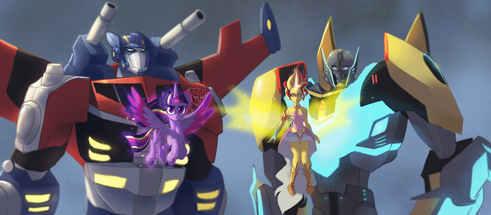 1219210 - safe, artist:raikoh, derpibooru import, sunset shimmer, twilight  sparkle, twilight sparkle (alicorn), alicorn, equestria girls, awesome,  bumblebee, commission, crossover, daydream shimmer, looking at you, optimus  prime, rainbow power, serious ...