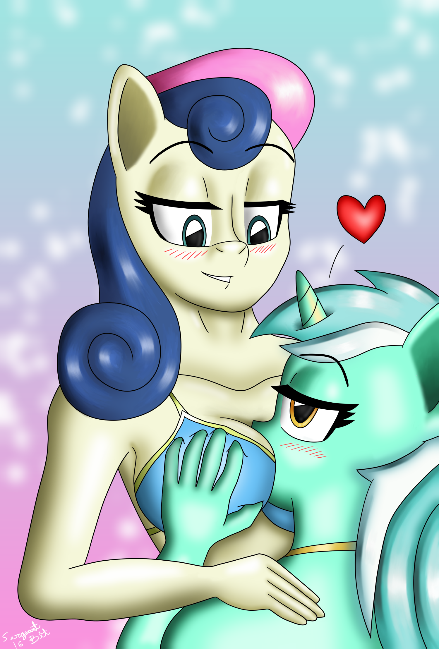 1233743 - safe, artist:sergeant16bit, derpibooru import, bon bon, lyra  heartstrings, sweetie drops, anthro, bikini, blushing, boob smothering,  breast fondling, breast grab, breast squeeze, breasts, clothes, female,  gradient, grope, heart, image ...