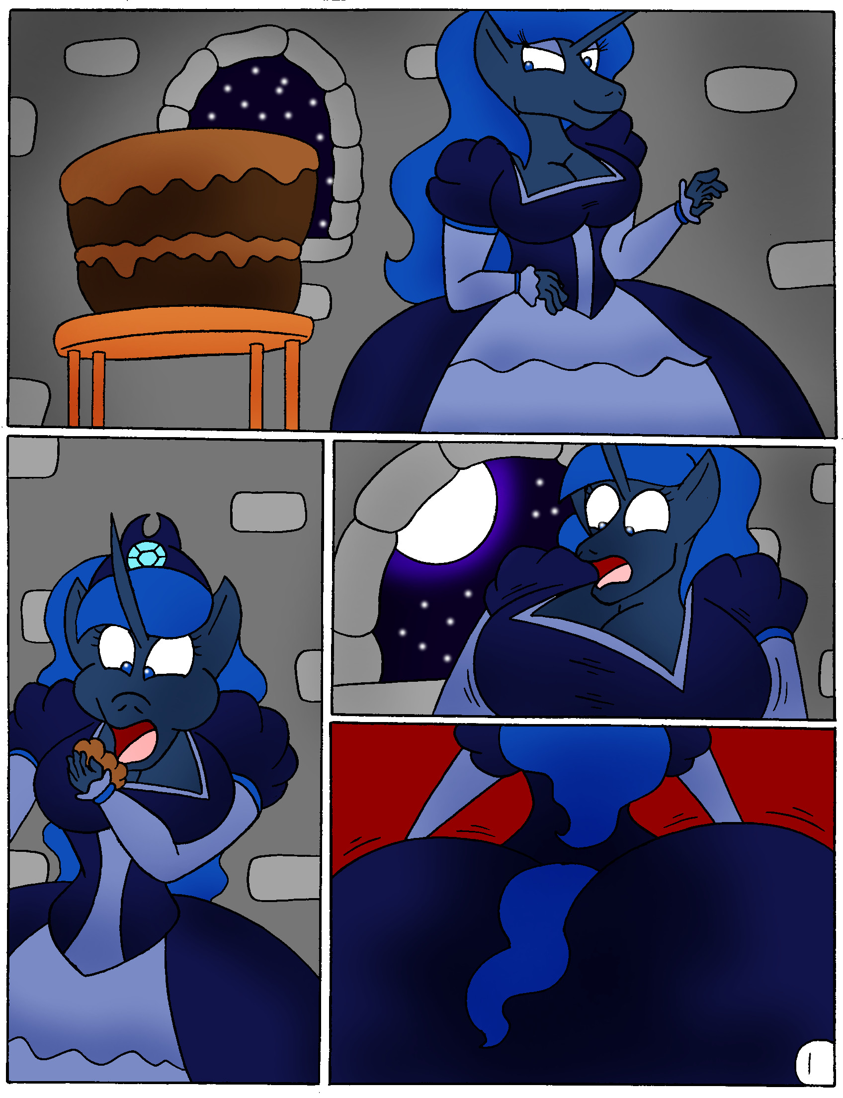 1242432 - anthro, artist:robot001, breast expansion, breasts, butt expansion,  cake, clothes, comic, derpibooru import, dress, food, growth, hyper,  princess luna, questionable, weight gain - Twibooru