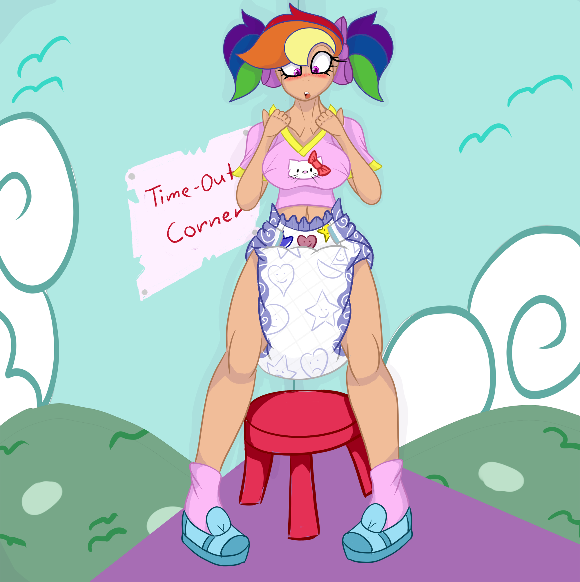 1253459 - questionable, artist:cuddlelamb, derpibooru import, rainbow dash,  human, abdl, breasts, clothes, cute, dashabetes, diaper, diaper fetish,  female, fetish, hello kitty, humanized, messy diaper, pigtails, poofy  diaper, poop, poopy diaper, sanrio ...