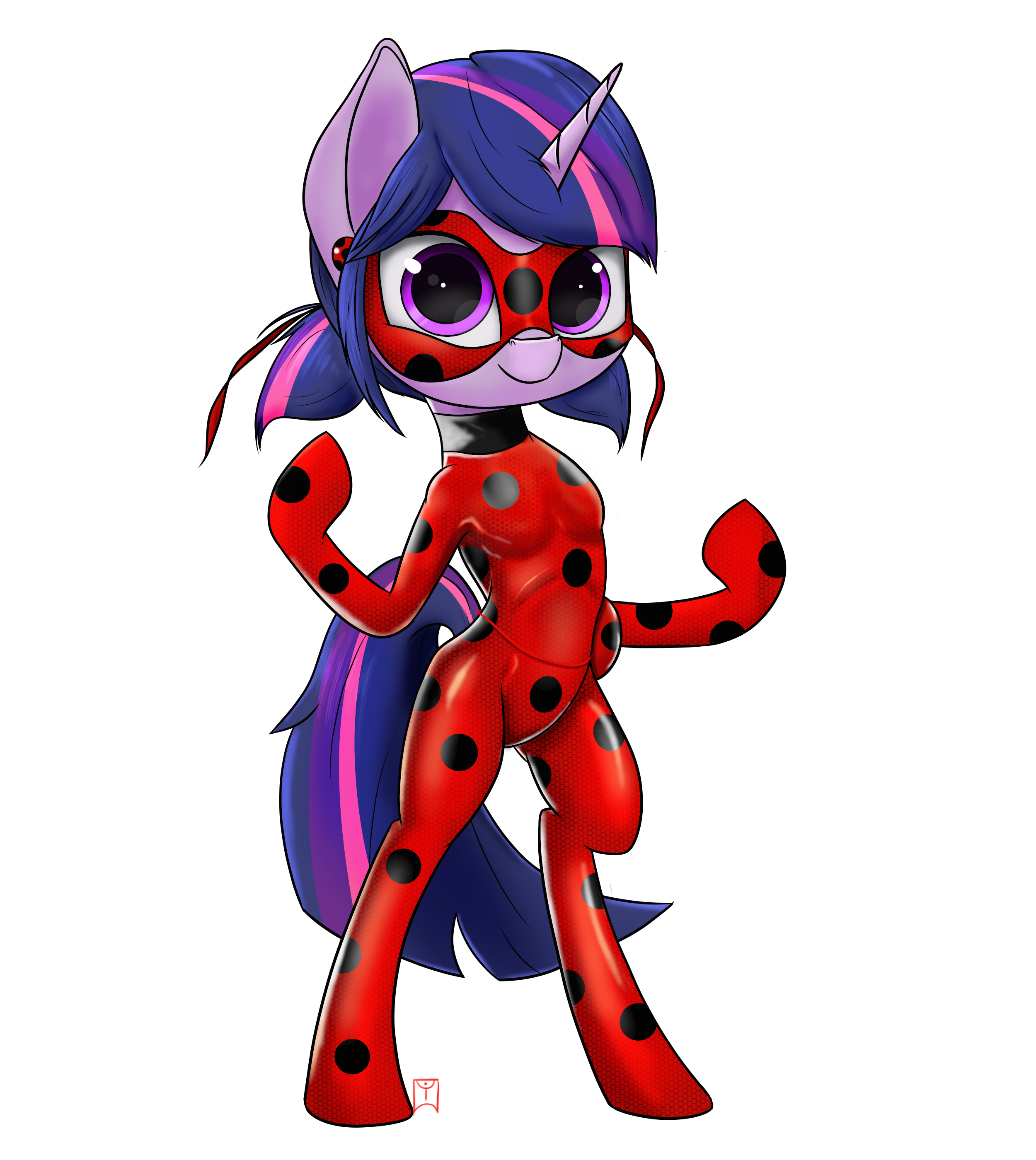 1256872 - anthro, artist:arcuswind, clothes, cosplay, costume, derpibooru  import, female, hilarious in hindsight, ladybug, looking at you, miraculous  ladybug, one of these things is not like the others, safe, simple  background, smiling,