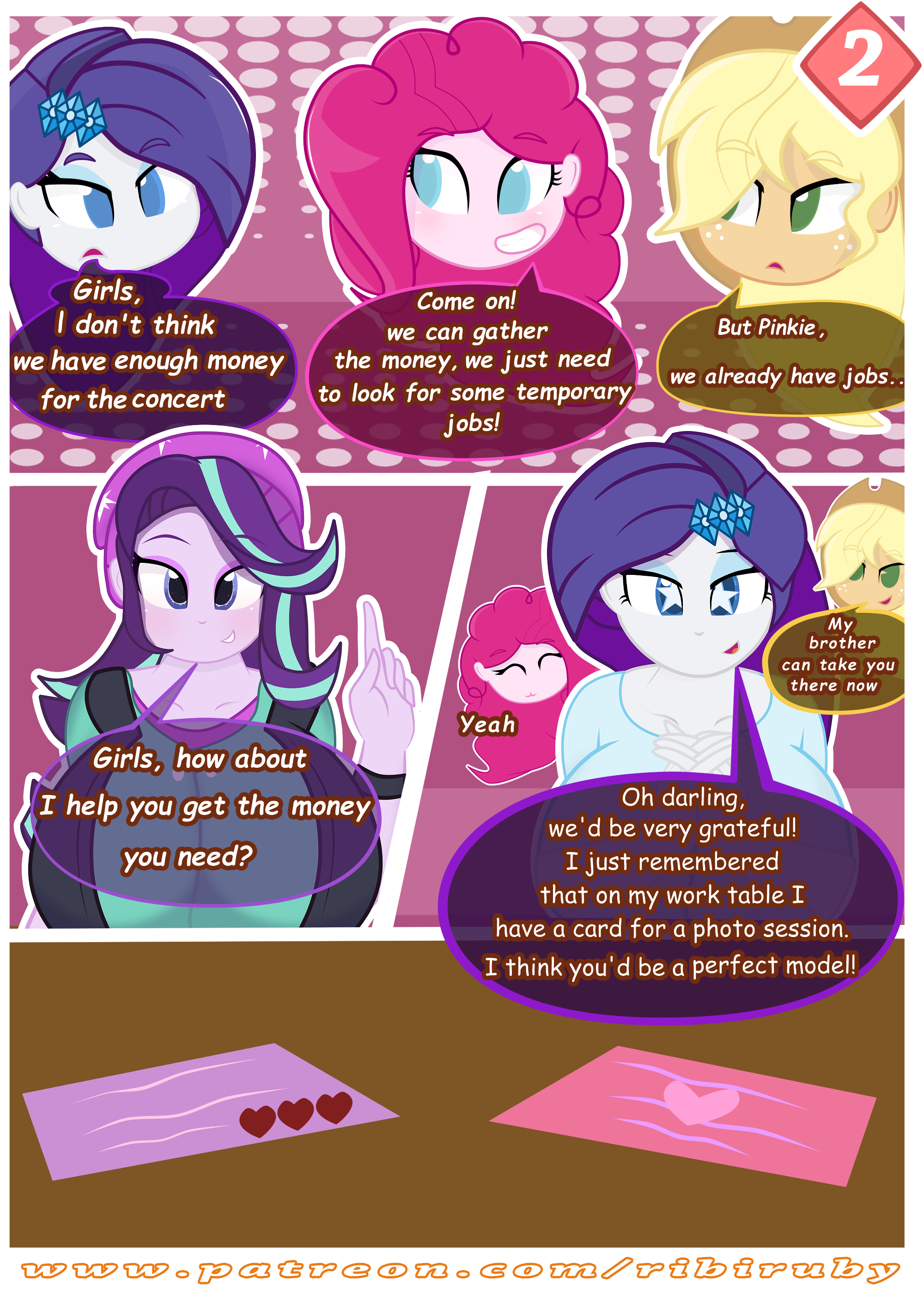 1257897 - suggestive, artist:ribiruby, derpibooru import, applejack, pinkie  pie, rarity, starlight glimmer, comic:in the wrong place, equestria girls,  beanie, big breasts, breasts, busty rarity, busty starlight glimmer, comic,  cowboy hat, dialogue, eyes