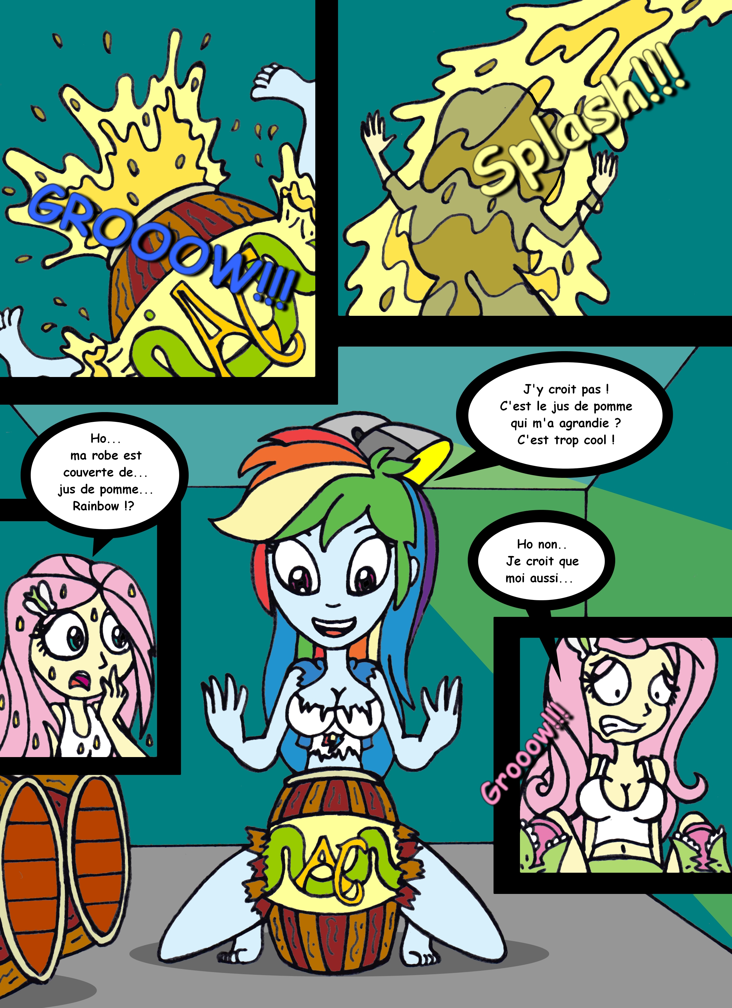 1269254 - suggestive, artist:drsgrowth, derpibooru import, fluttershy,  rainbow dash, equestria girls, barefoot, barrel, belly button, breasts,  cleavage, clothes, comic, feet, french, giantess, growth, high res, macro,  midriff, soles, strategically ...