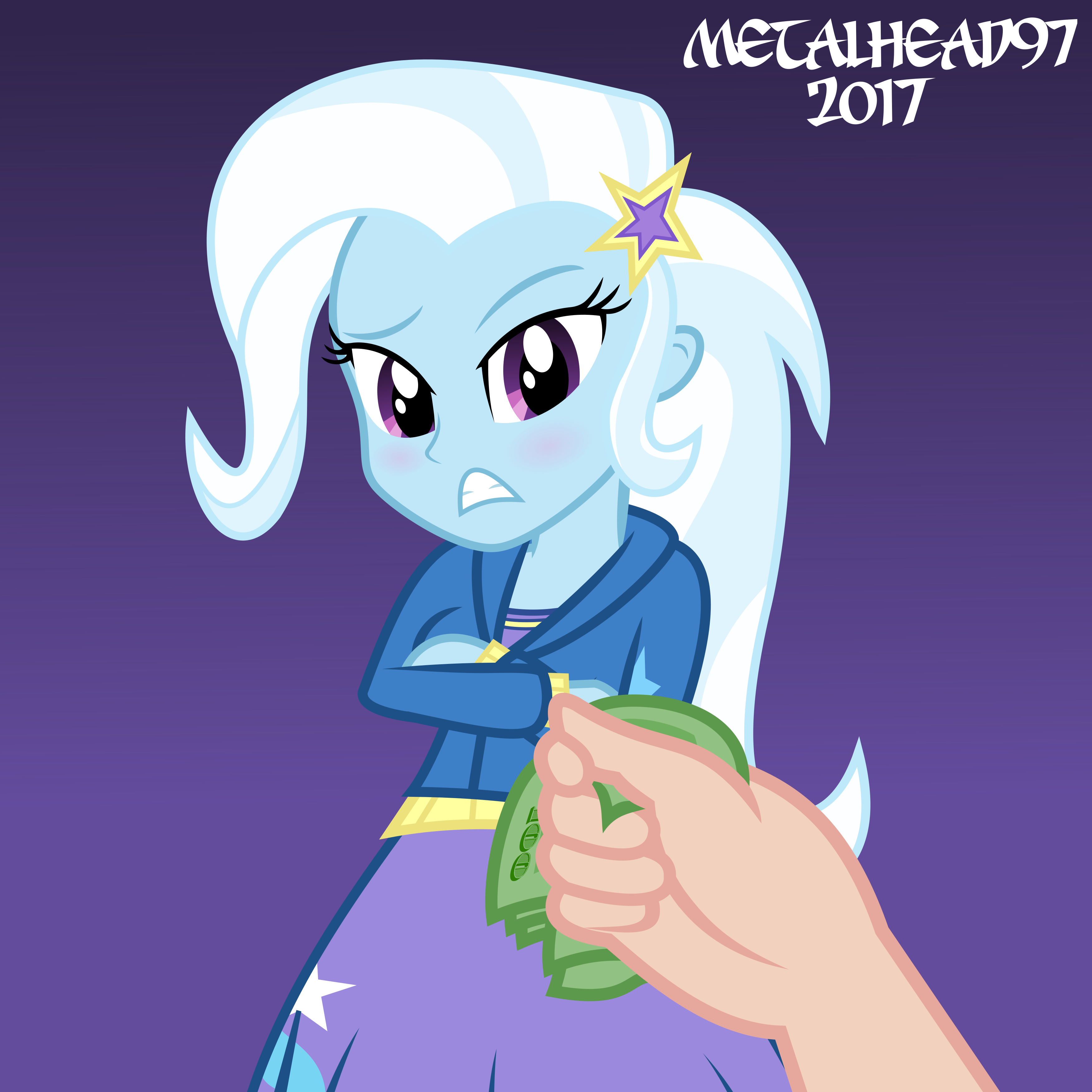 1273427 - artist:metalhead97, blushing, derpibooru import, equestria girls,  implied prostitution, money, offscreen character, questioning, safe, show  accurate, trixie - Twibooru