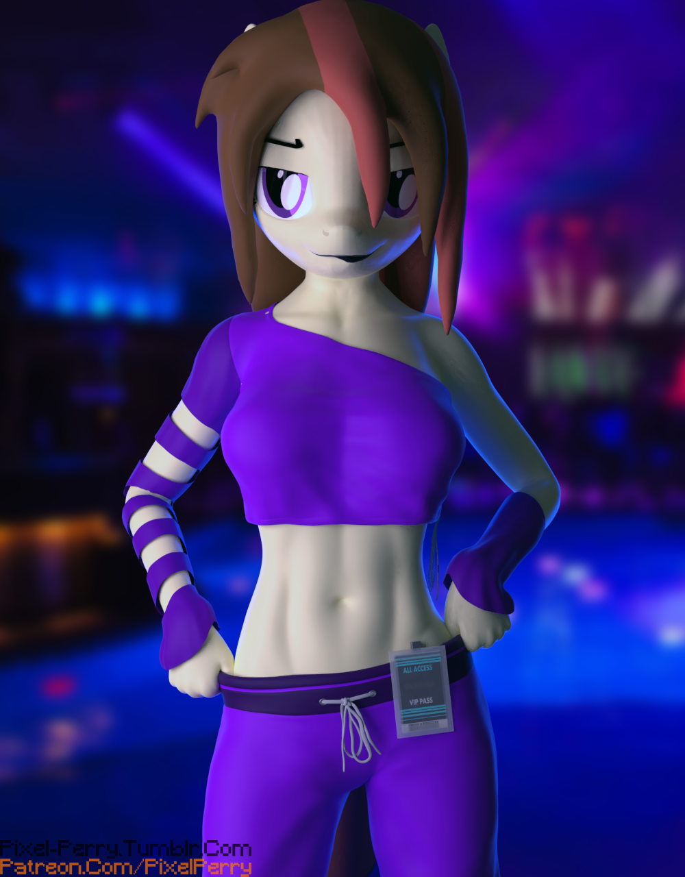 1278462 - 3d, anthro, artist:pixel-perry, belly button, blender, breasts,  clothes, derpibooru import, female, looking at you, makeup, oc, oc:cream  pie, plantigrade anthro, questionable, remake, smug, solo, solo female,  toned, unofficial characters only -