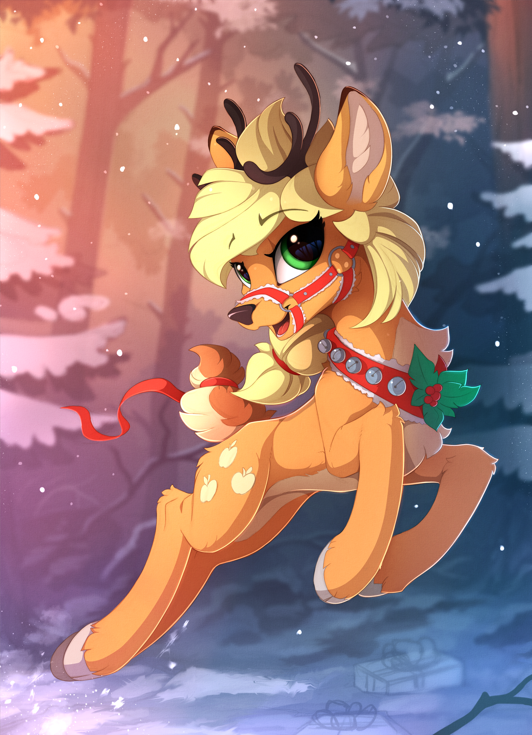 Applejack Porn - 1286481 - appledeer, applejack, artist:yakovlev-vad, chest fluff, color porn,  cute, deer, deerified, derpibooru import, doe, female, forest, jackabetes,  looking at you, open mouth, reindeer, reins, running, safe, scenery, snow,  snowfall, solo, species