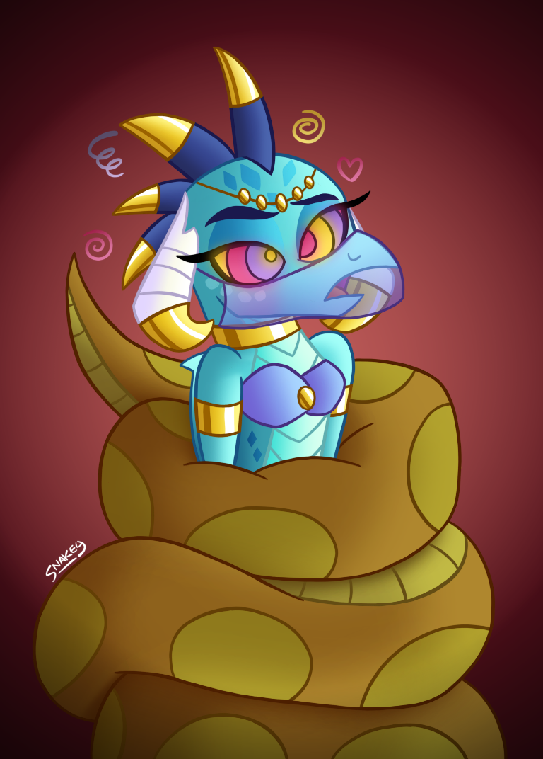 1290722 - suggestive, artist:snakeythingy, derpibooru import, princess  ember, dragon, snake, armlet, belly dancer, belly dancer outfit, bikini,  bikini top, blushing, bondage, breasts, clothes, coils, fetish, gradient  background, jewelry, kaa eyes, mind ...