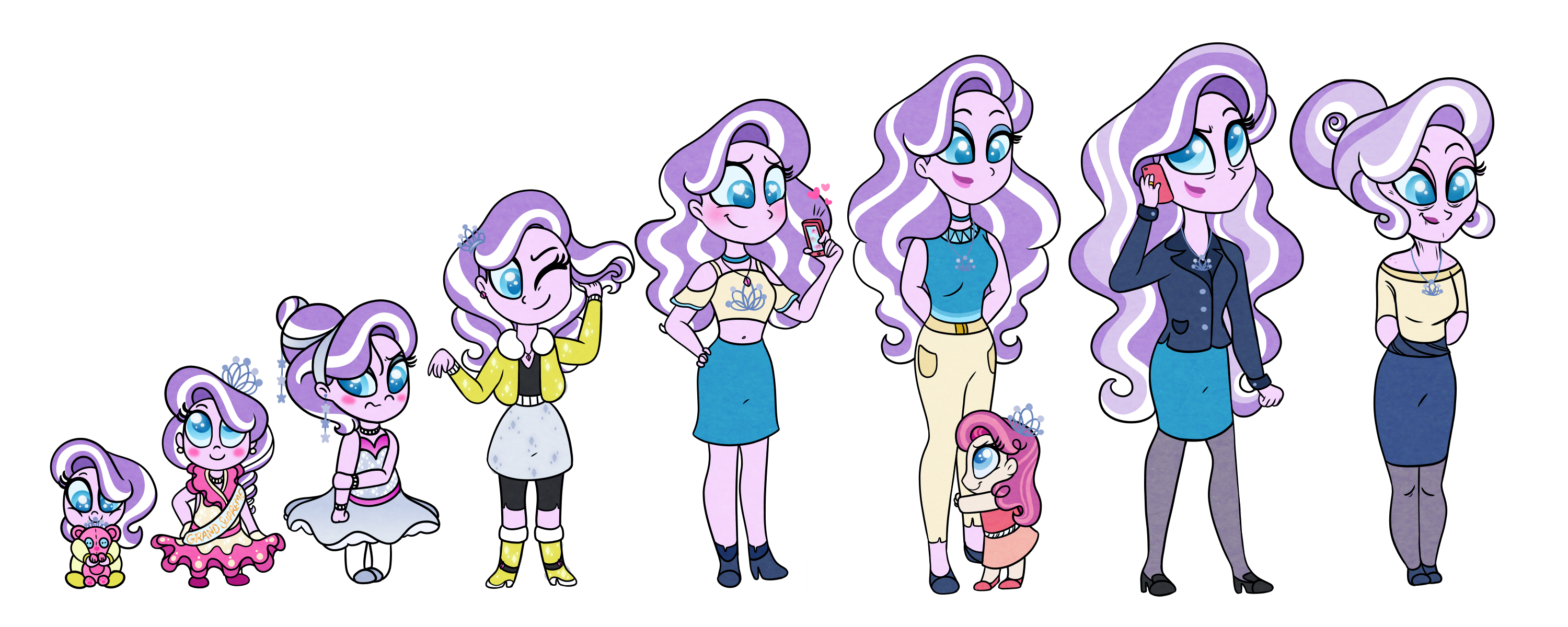 1294703 - safe, artist:carouselunique, derpibooru import, diamond tiara,  oc, oc:pacific rose, equestria girls, 5-year-old, adult, age progression,  baby, cute, elderly, freshman, future, magical lesbian spawn, offspring,  older, parent:apple bloom ...