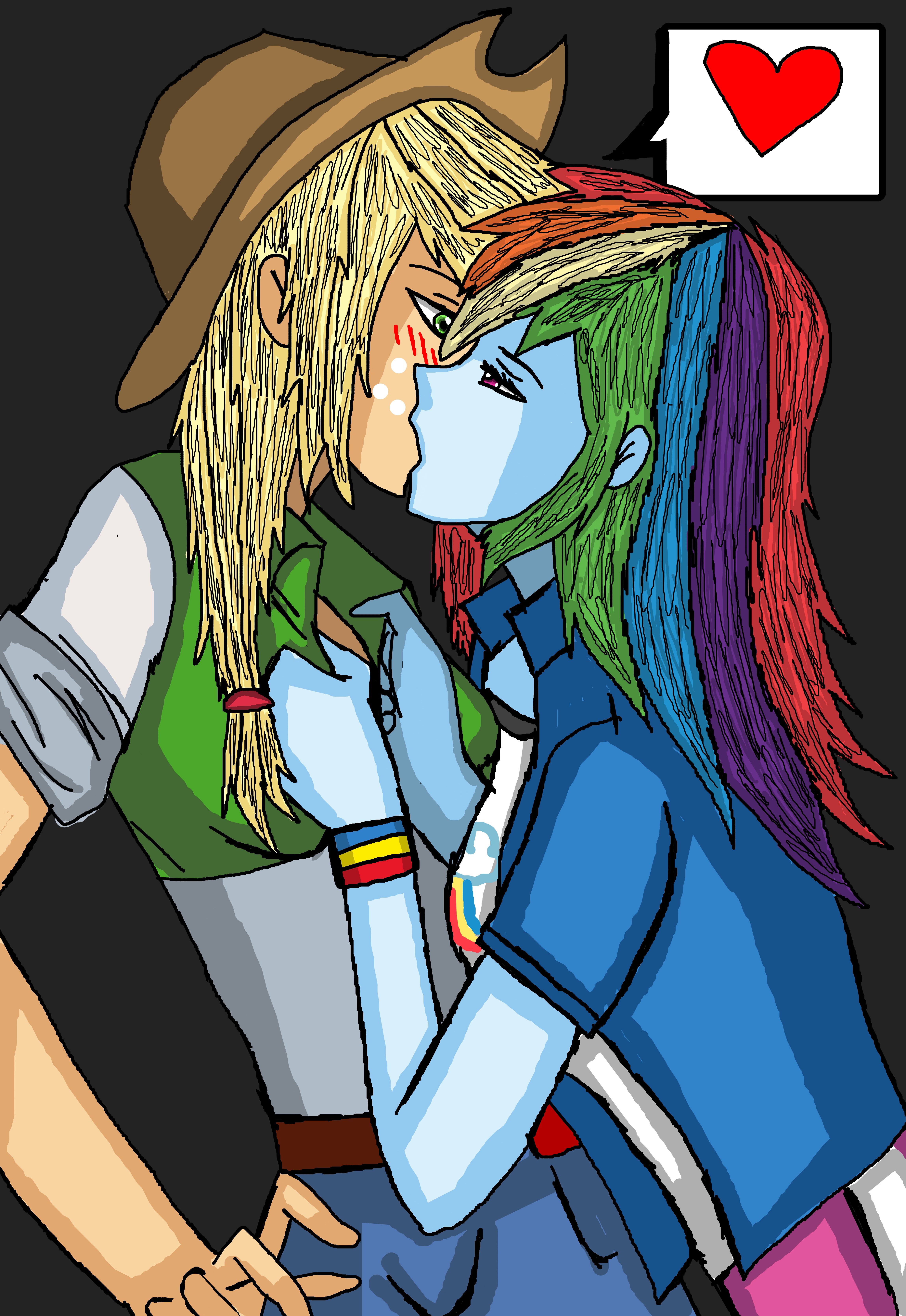 1299502 - safe, artist:takrontoxicity, derpibooru import, applejack, rainbow  dash, equestria girls, absurd resolution, appledash, clothes, cowboy hat,  denim skirt, female, freckles, hat, heart, kissing, lesbian, shipping,  skirt, stetson, surprise kiss ...