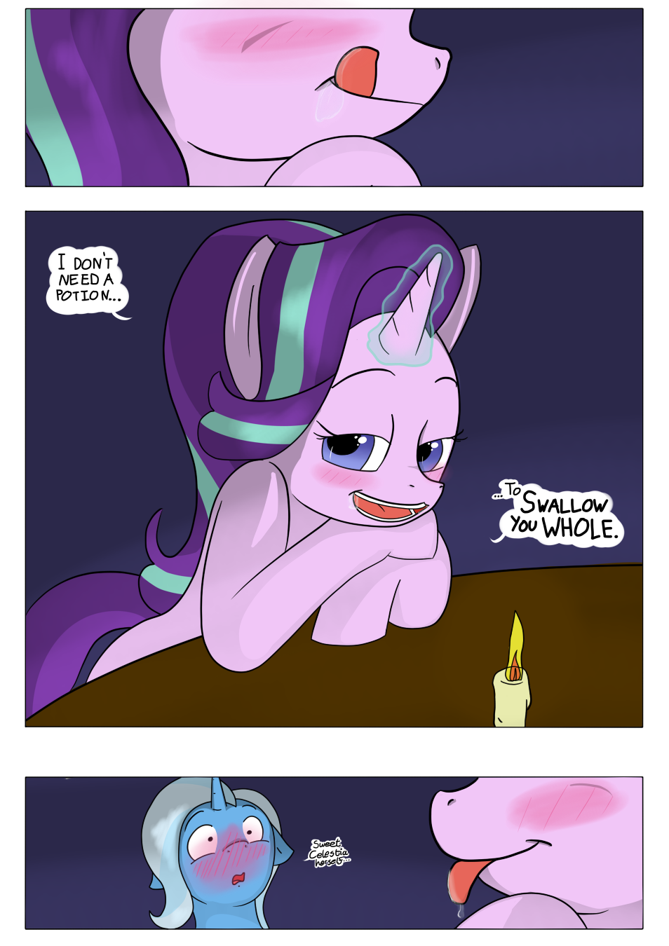 1313357 - suggestive, artist:teabucket, deleted from derpibooru, derpibooru  import, starlight glimmer, trixie, comic:a great and powerful desire,  bedroom eyes, blushing, comic, date, drool, female, hearts and hooves day,  implied vore, kitchen eyes,