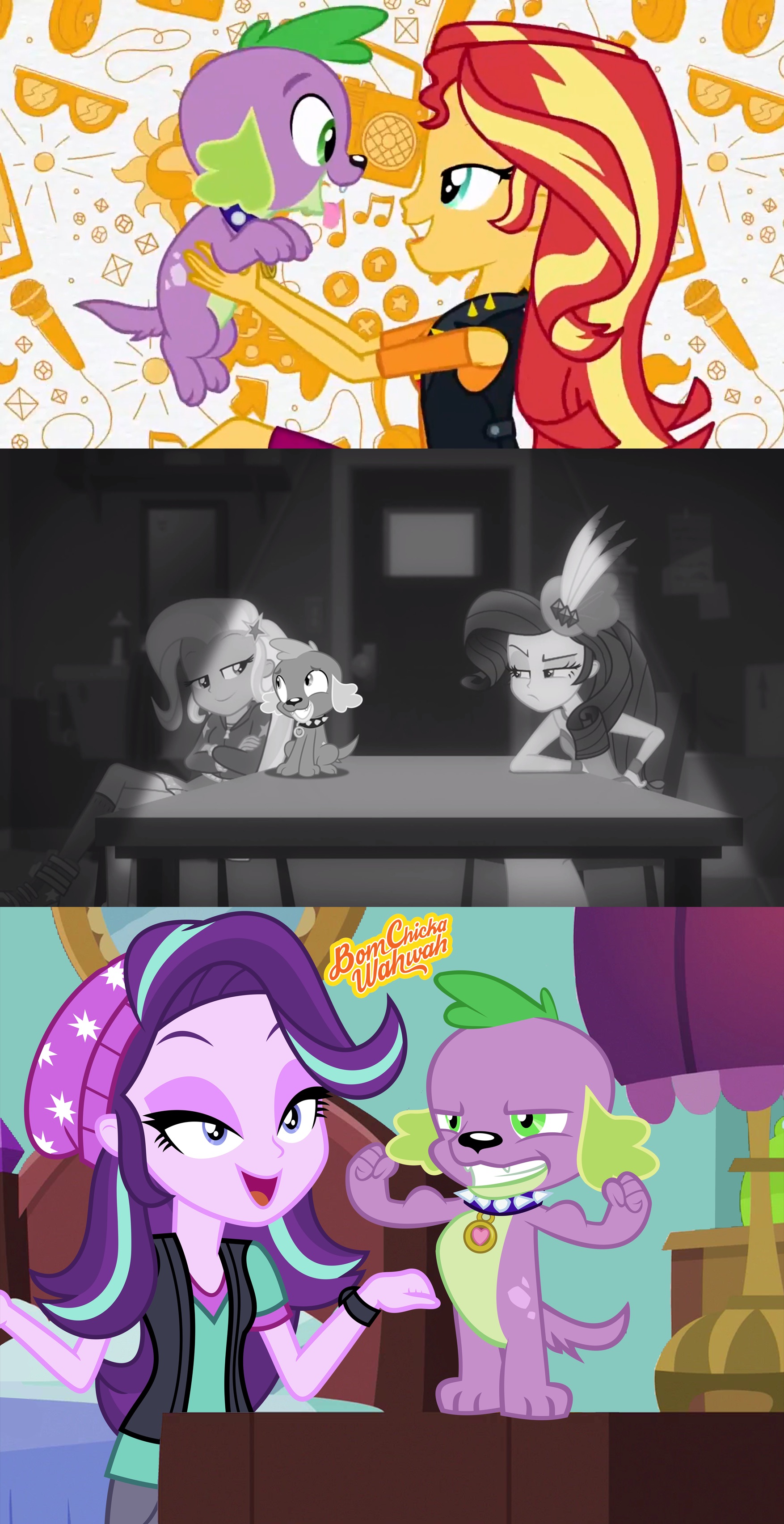 1319976 - safe, artist:titanium-pony, derpibooru import, edit, edited  screencap, screencap, rarity, spike, spike the regular dog, starlight  glimmer, sunset shimmer, trixie, dog, equestria girls, equestria girls  series, angry, bedroom eyes, female, intro,