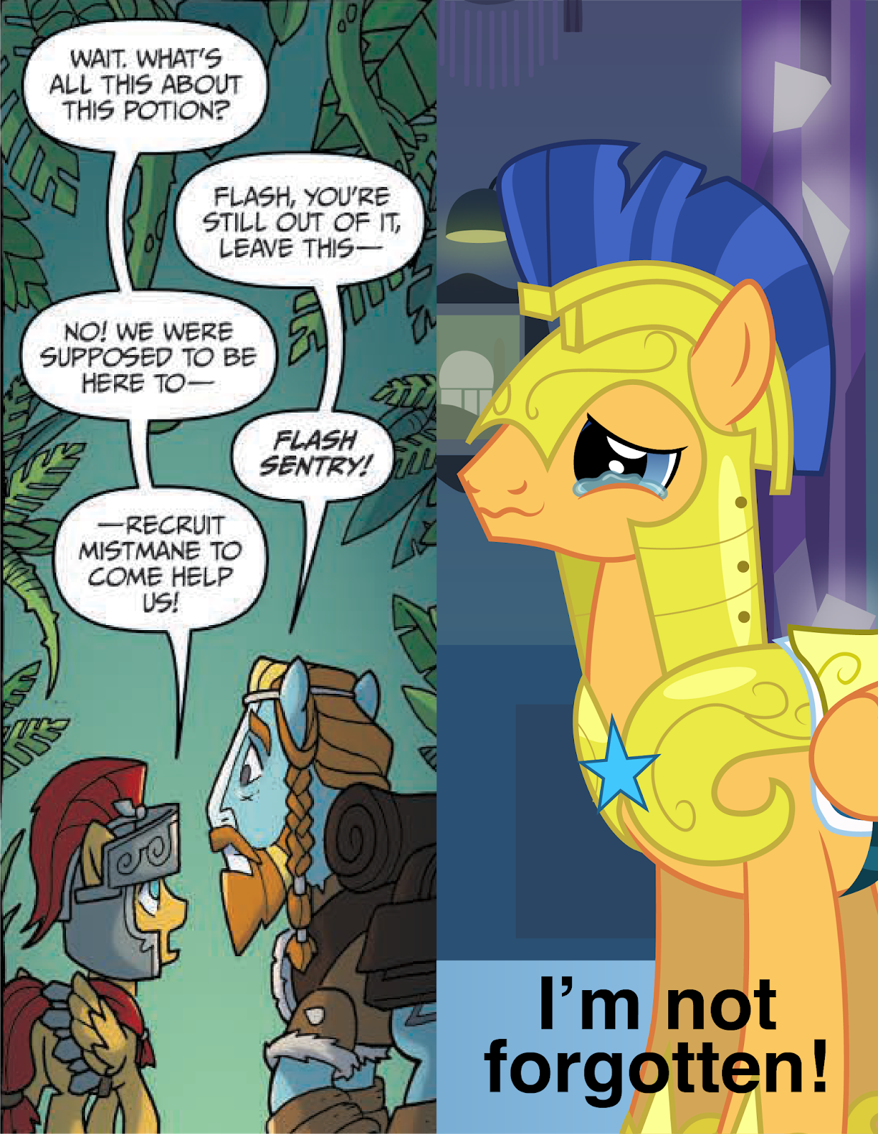 1326586 - safe, artist:mlp-silver-quill, derpibooru import, idw, flash  magnus, flash sentry, rockhoof, earth pony, pegasus, pony, legends of  magic, spoiler:comic, spoiler:comiclom11, crying, duo, error, plant, tears  of joy, wrong name, you had