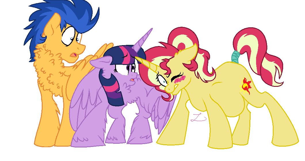 1334703 - safe, artist:ficklepickle9421, derpibooru import, flash sentry,  sunset shimmer, twilight sparkle, twilight sparkle (alicorn), alicorn,  pegasus, pony, unicorn, series:sunlightsentry weekly, bisexual, blushing,  chest fluff, female, flashimmer ...