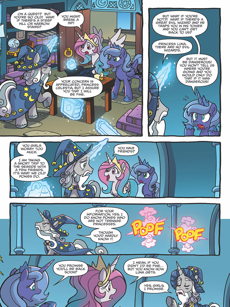 1342385 - safe, artist:tonyfleecs, derpibooru import, idw, princess celestia,  princess luna, star swirl the bearded, alicorn, pony, unicorn, legends of  magic, spoiler:comic, spoiler:comiclom12, glowing horn, magic, pink-mane  celestia, preview, royal ...