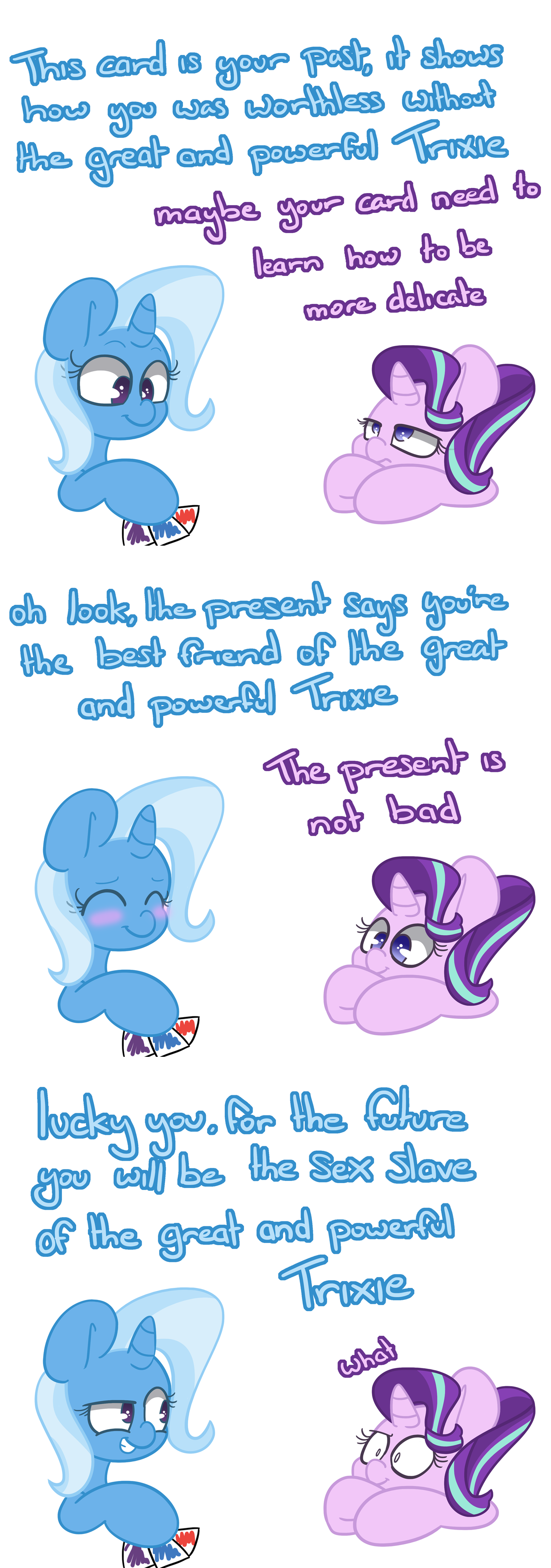 1349344 - suggestive, artist:lou, derpibooru import, starlight glimmer,  trixie, pony, unicorn, blushing, card, comic, female, grin, lesbian, sex  slave, shipping, slave, smiling, startrix, tarot - Twibooru