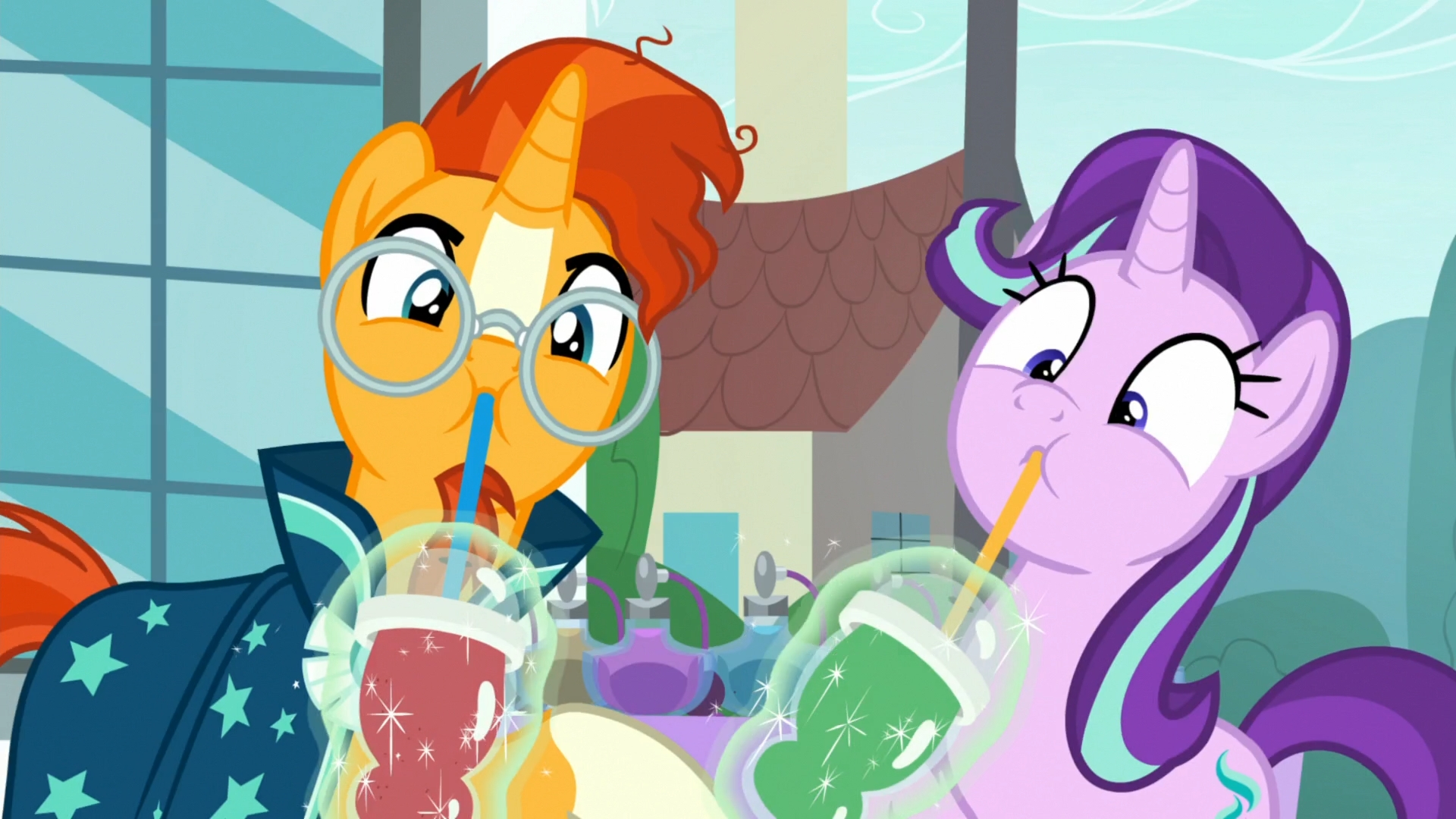 1374321 - derpibooru import, drinking straw, duo, female, magic, male,  mare, offscreen character, pony, safe, screencap, smoothie, stallion,  starlight glimmer, sunburst, telekinesis, the parent map, unicorn - Twibooru