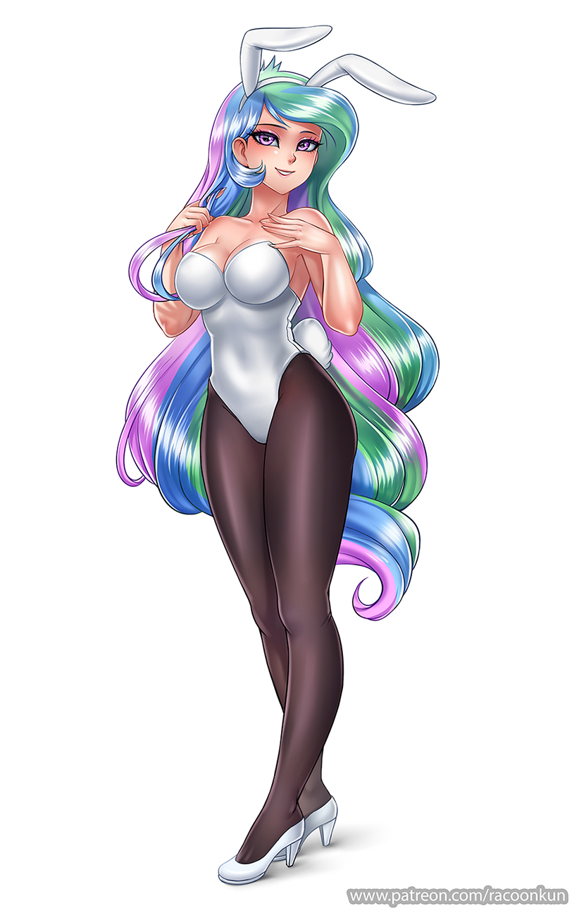 1376390 - adorasexy, artist:racoonsan, breasts, bunny ears, bunnylestia,  bunny suit, busty princess celestia, cleavage, clothes, cute, cutelestia,  derpibooru import, female, high heels, human, humanized, leotard,  pantyhose, princess celestia, principal ...