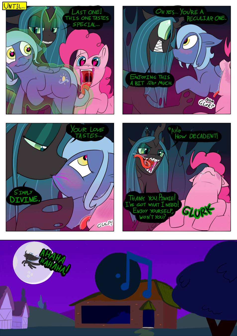 1398066 - questionable, artist:teabucket, deleted from derpibooru,  derpibooru import, pinkie pie, queen chrysalis, oc, comic:panic at the  nightclub, belly, changeling feeding, comic, fetish, impossibly large  belly, licking, licking lips, multiple prey ...