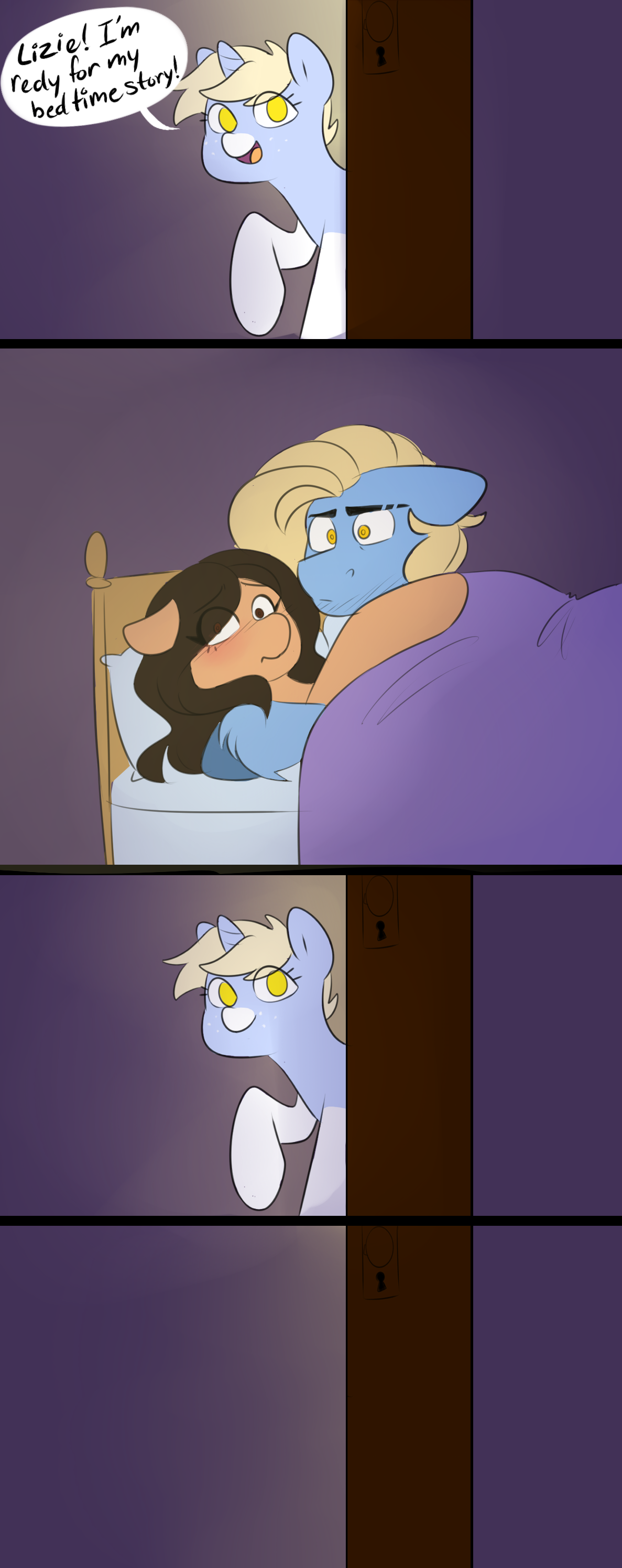 1413873 - suggestive, artist:liziedoodle, derpibooru import, oc, oc:blank  space, oc:lizie doodle, oc:nootaz, unofficial characters only, earth pony,  pony, unicorn, awkward, babysitting, bed, bed sheets, bedroom, blanket,  comic, door, female, light ...