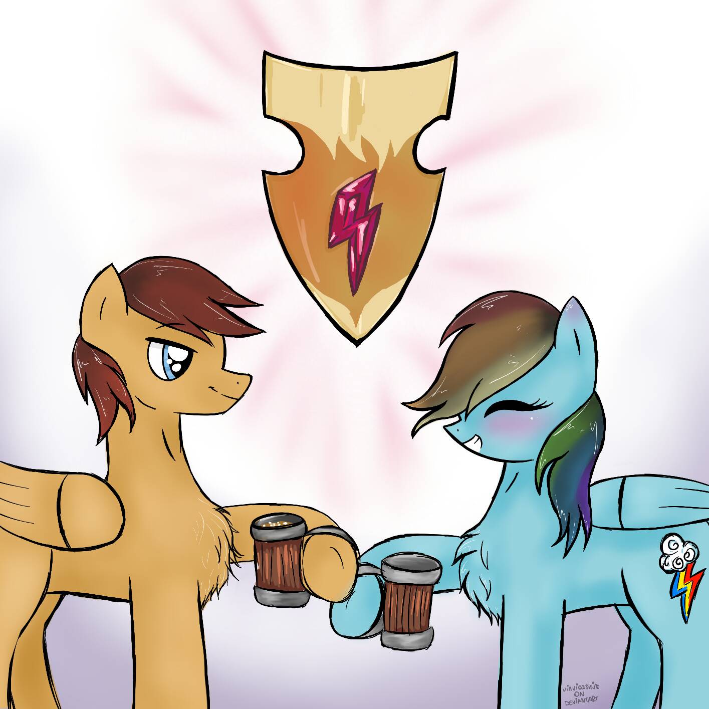 1429793 - safe, artist:vinviasshine, derpibooru import, flash magnus, rainbow  dash, pegasus, pony, cider, dashmagnus, female, male, missing accessory,  mug, shield, shipping, straight, tankard - Twibooru