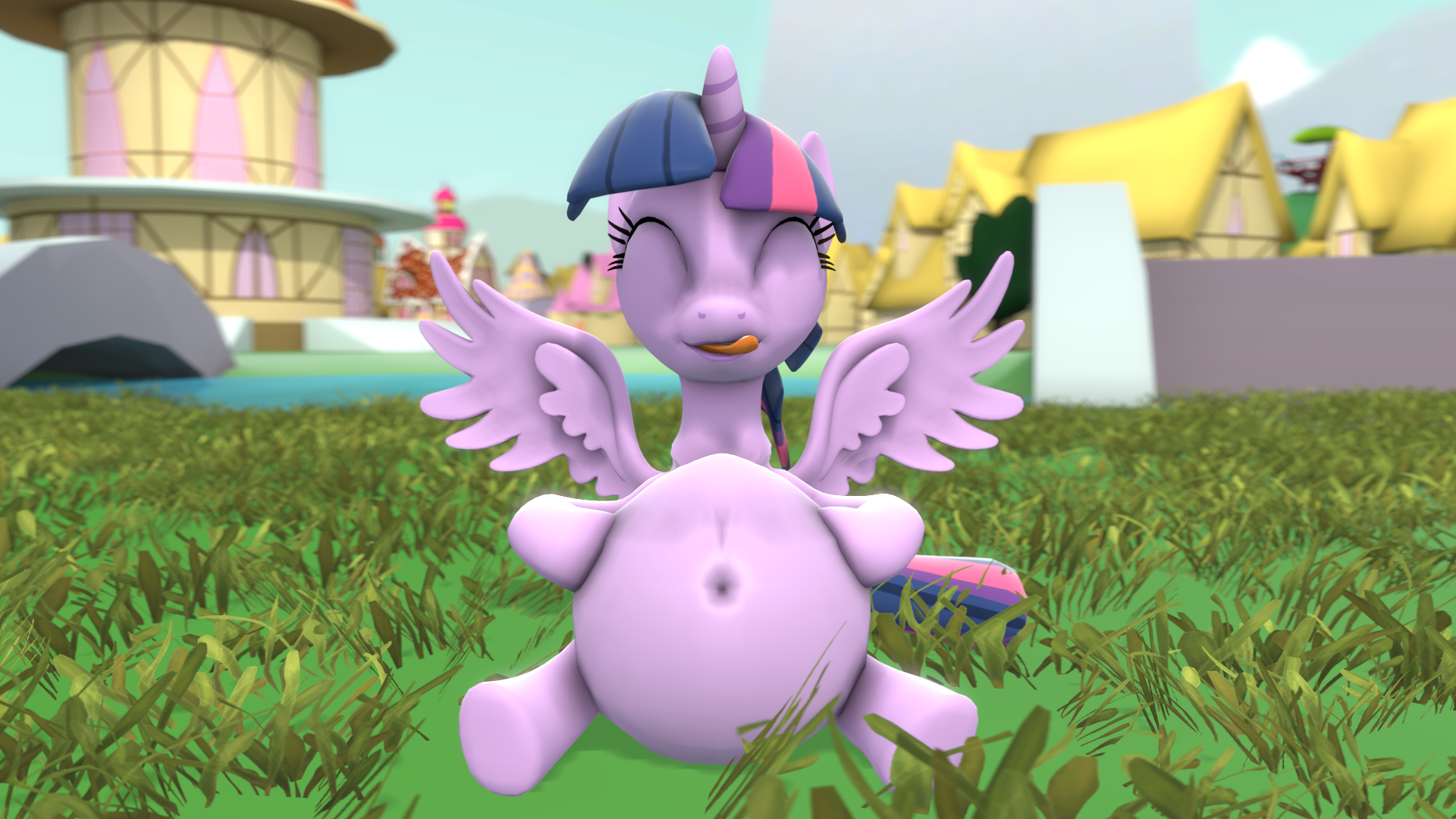 1438402 - suggestive, artist:neoar2000, derpibooru import, twilight  sparkle, twilight sparkle (alicorn), alicorn, 3d, belly, belly button, big  belly, cute, cute vore, female, fetish, hoof on belly, implied vore,  licking, licking lips, mare,