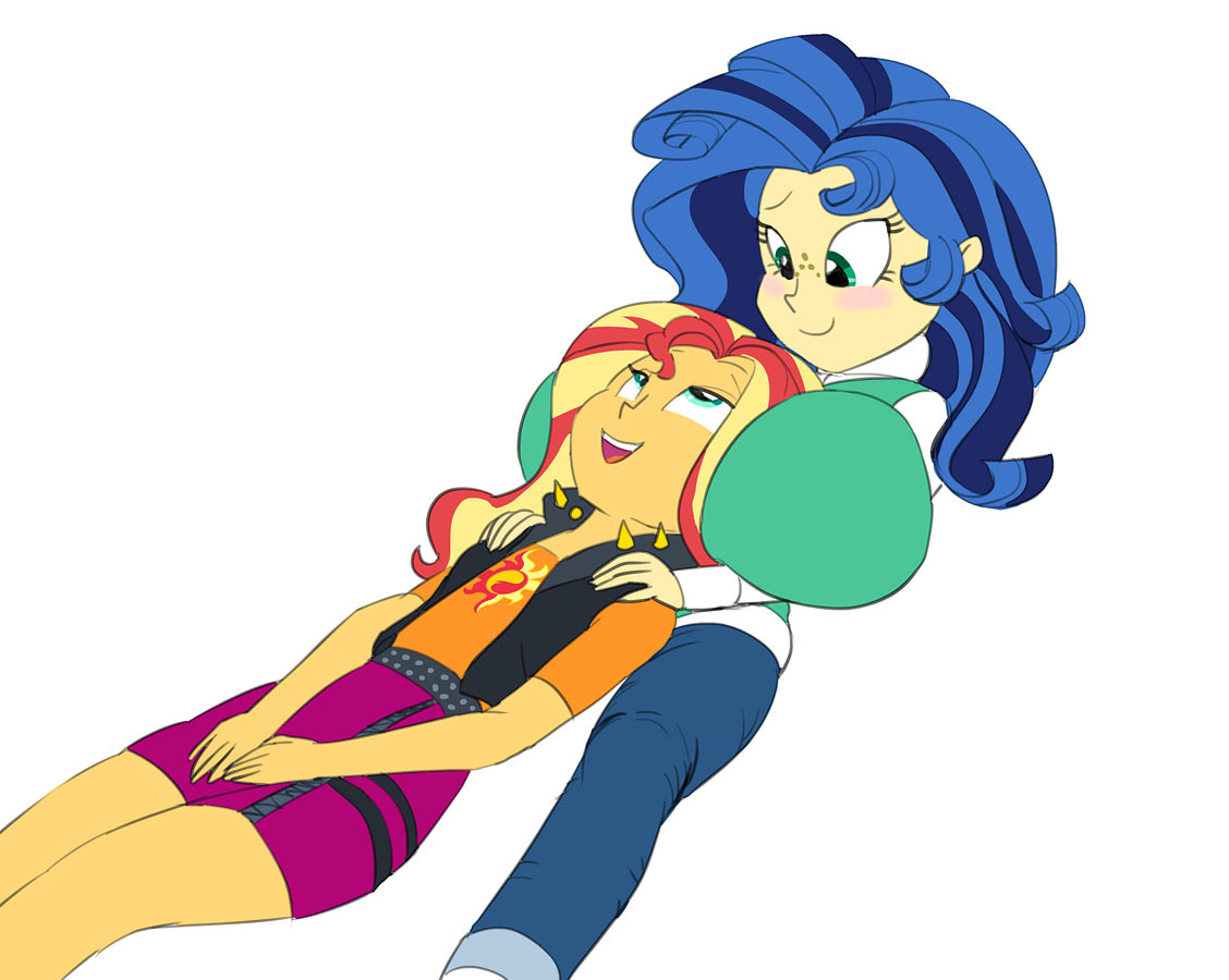 1460562 - suggestive, artist:carnifex, derpibooru import, sunset shimmer,  oc, oc:milky way, equestria girls, big breasts, blushing, boob smothering,  boob squish, breast pillow, breasts, canon x oc, clothes, equestria  girls-ified, female, females only,