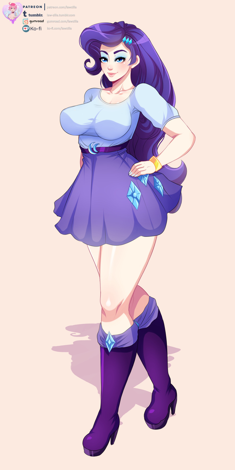 1467342 - safe, artist:lawzilla, derpibooru import, rarity, human,  equestria girls, belt, big breasts, boots, bracelet, breasts, busty rarity,  cleavage, clothes, high heel boots, high heels, human coloration,  humanized, jewelry, legs, nail polish,