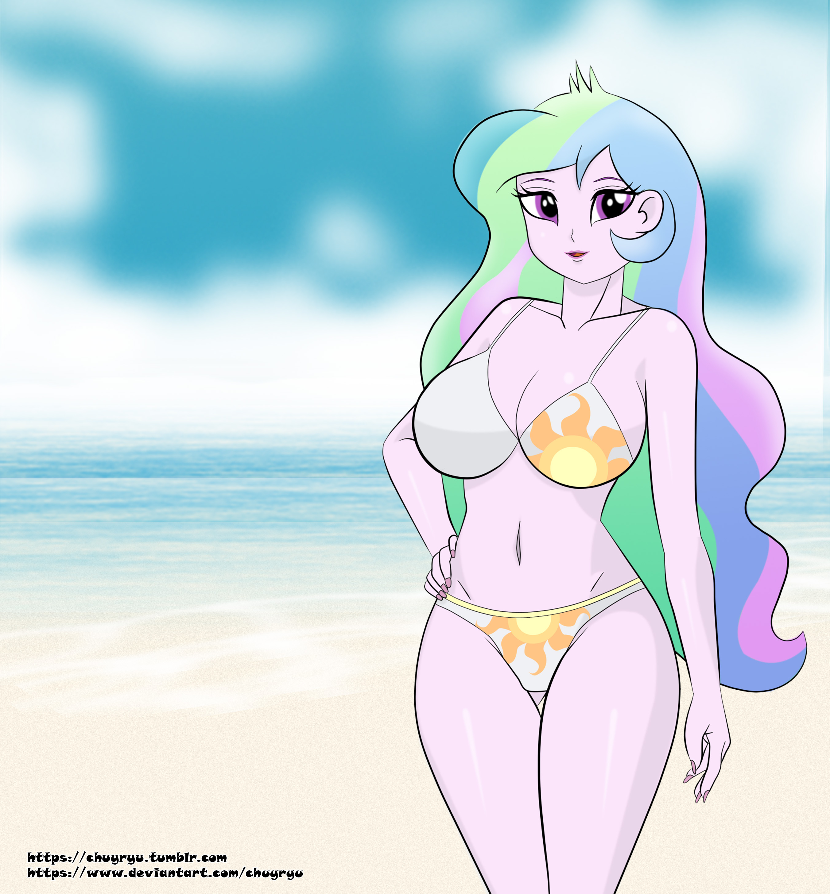 1481278 - safe, artist:chuyryu, derpibooru import, princess celestia,  equestria girls, beach, beach babe, belly button, big breasts, bikini,  bikini babe, breasts, busty princess celestia, cleavage, clothes, cutie  mark swimsuit, female, hand on