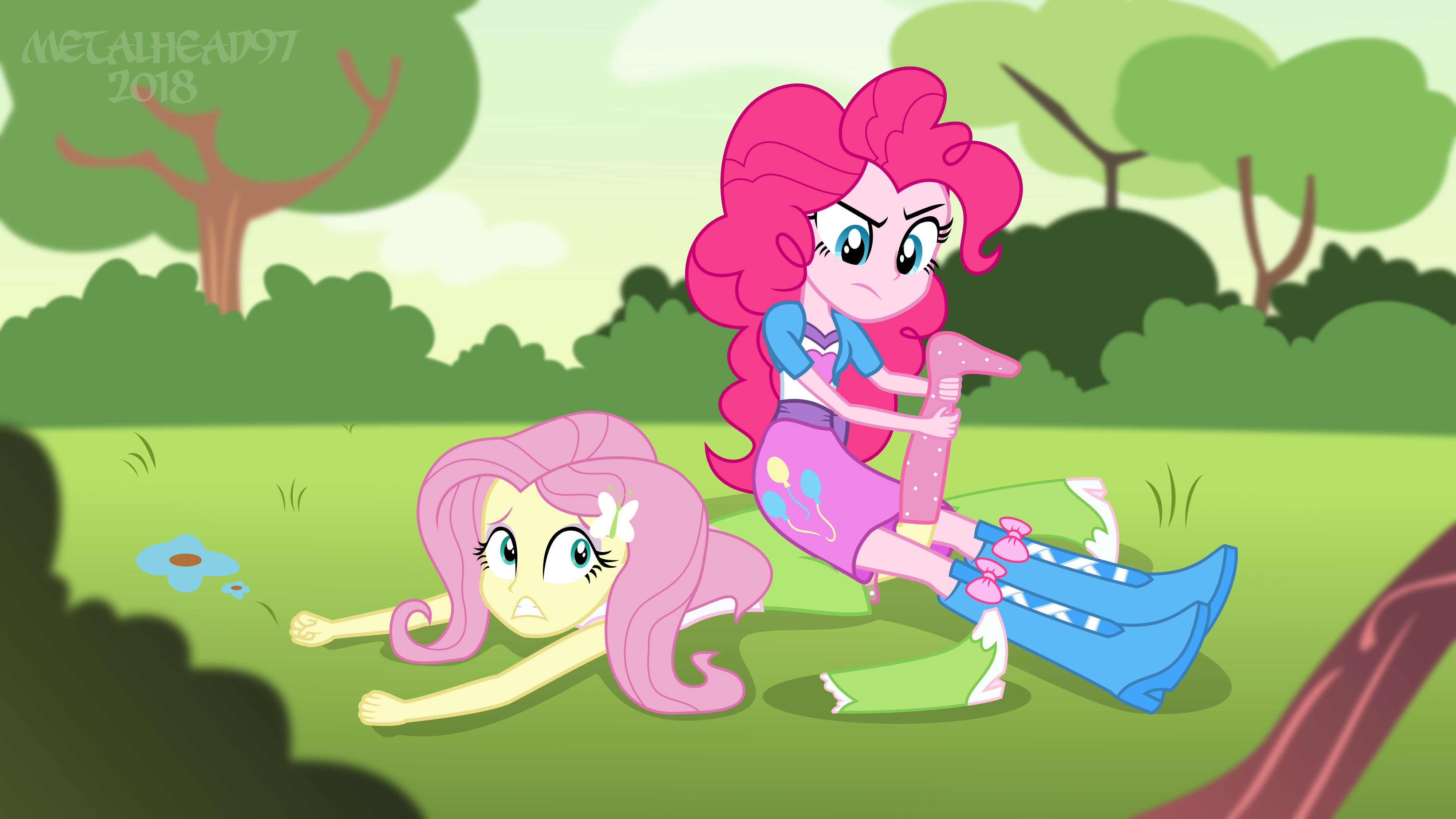 1488882 - suggestive, artist:metalhead97, derpibooru import, fluttershy,  pinkie pie, equestria girls, angry, boot, boots, clothes, disturbed, feet,  female, fetish, flutterpie, foot fetish, foot worship, lesbian, outdoors,  reference, shipping, shoes ...