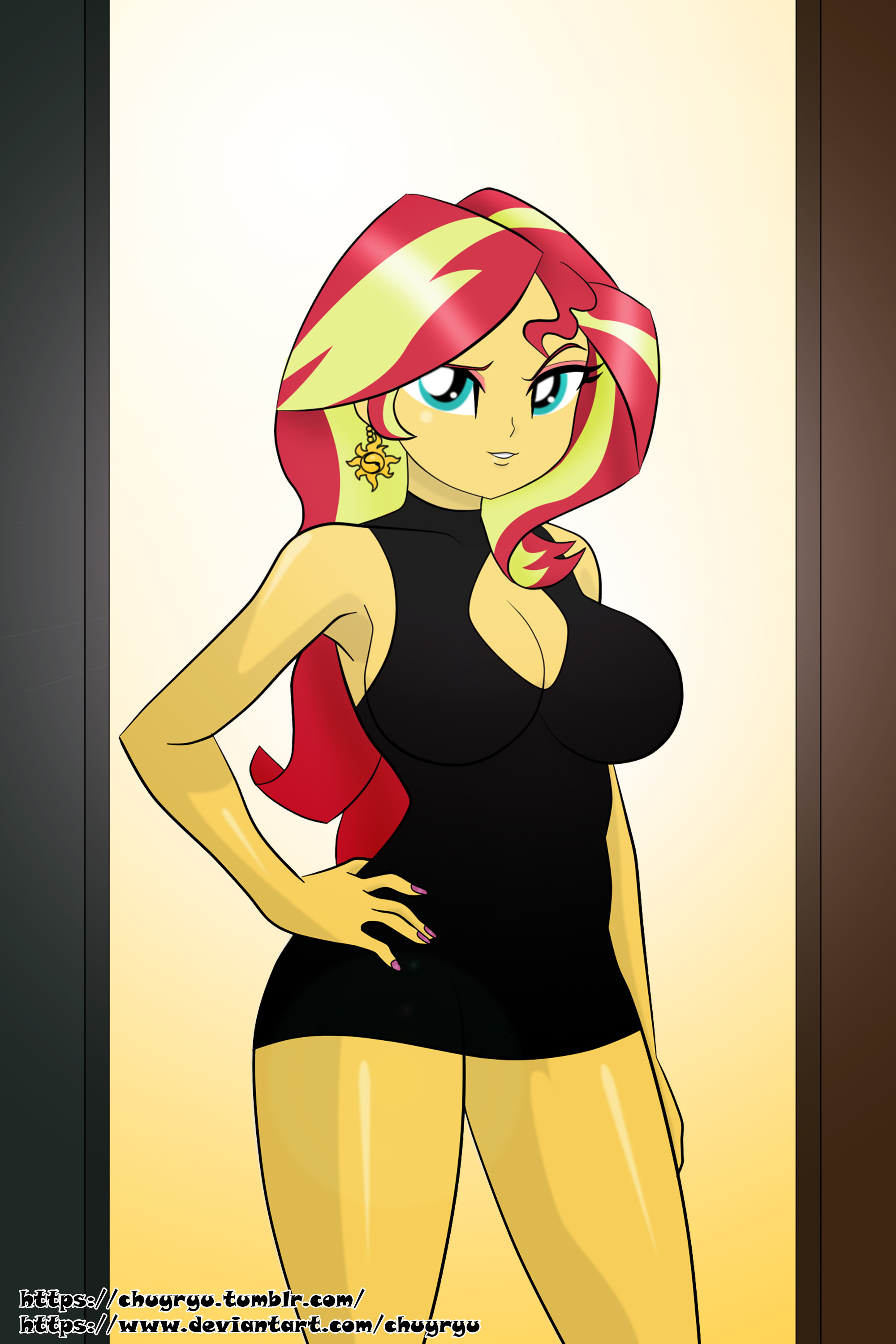 1491161 - safe, artist:chuyryu, derpibooru import, sunset shimmer,  equestria girls, armpits, black dress, breasts, busty sunset shimmer,  cleavage, clothes, dress, ear piercing, earring, eyeshadow, female, hand on  hip, jewelry, little black dress,