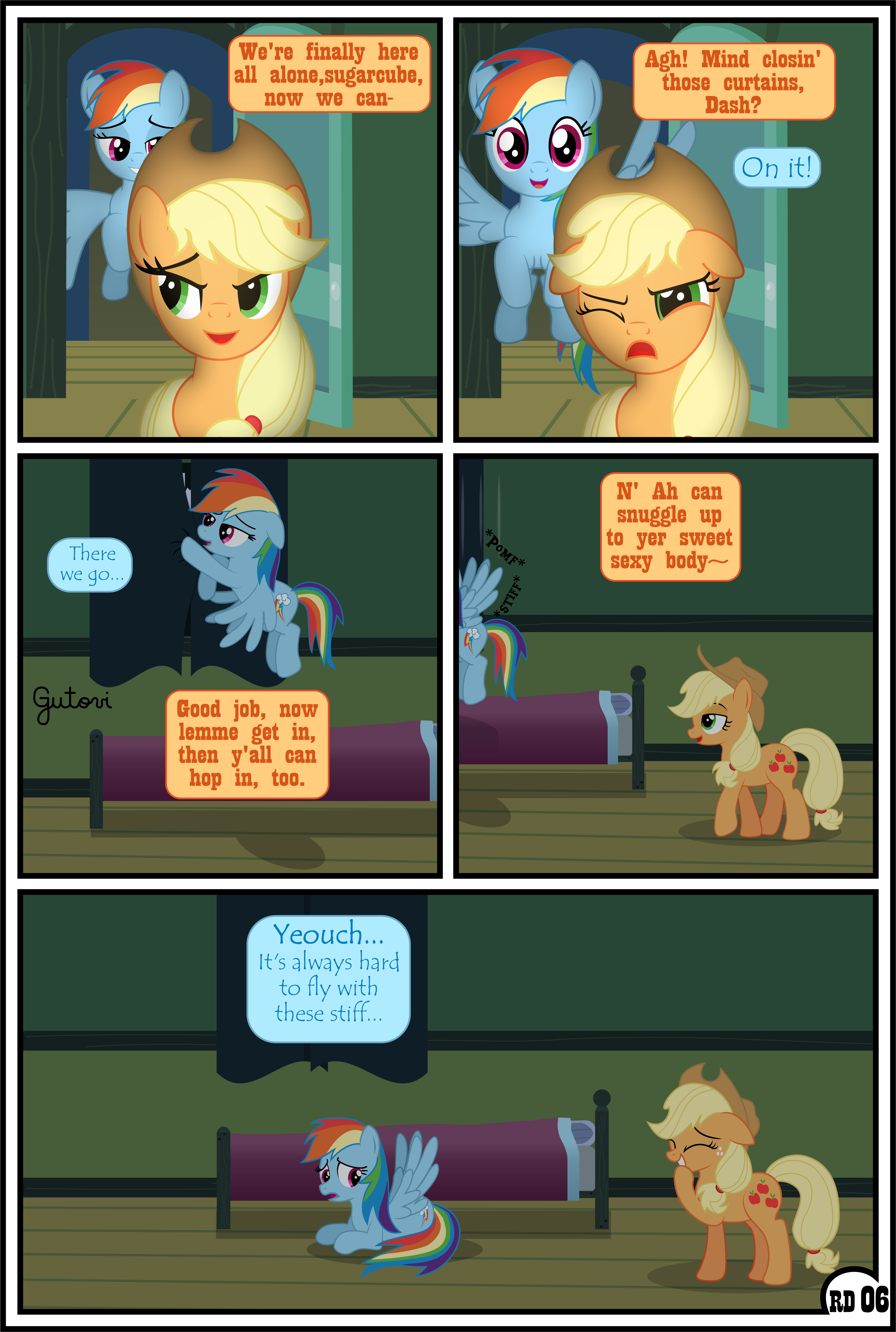 1516394 - suggestive, artist:gutovi, derpibooru import, applejack, rainbow  dash, earth pony, pegasus, pony, comic:why me!?, alternate ending,  appledash, bed, bedroom, comic, curtains, female, floppy ears, laughing,  lesbian, pomf, shipping, show ...