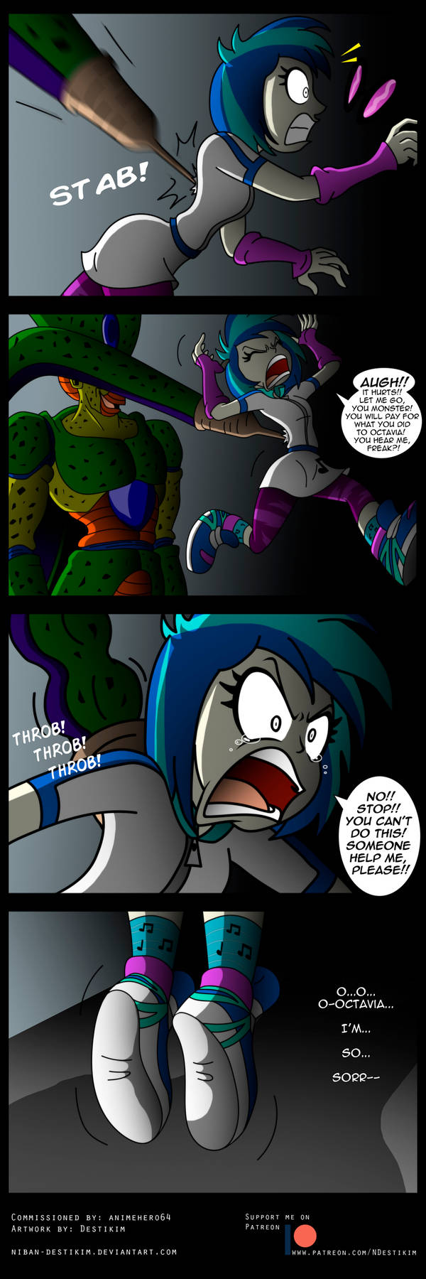 1531994 - grimdark, artist:niban-destikim, derpibooru import, vinyl  scratch, comic:cell hunt - vinyl, equestria girls, absorption, alley,  alleyway, cell (dbz), comic, commission, crossover, death, dialogue, dragon  ball z, imperfect cell, now cell is